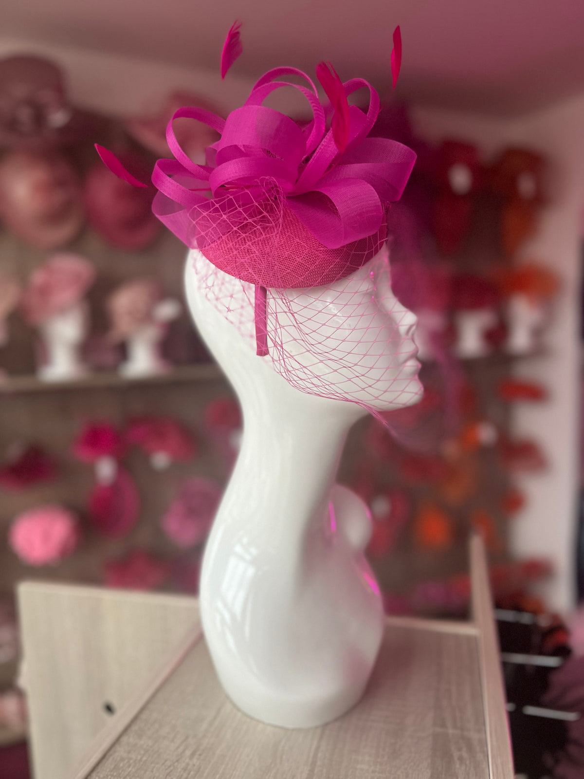 Fuchsia Pillbox Fascinator With Birdcage Veil-Fascinators Direct
