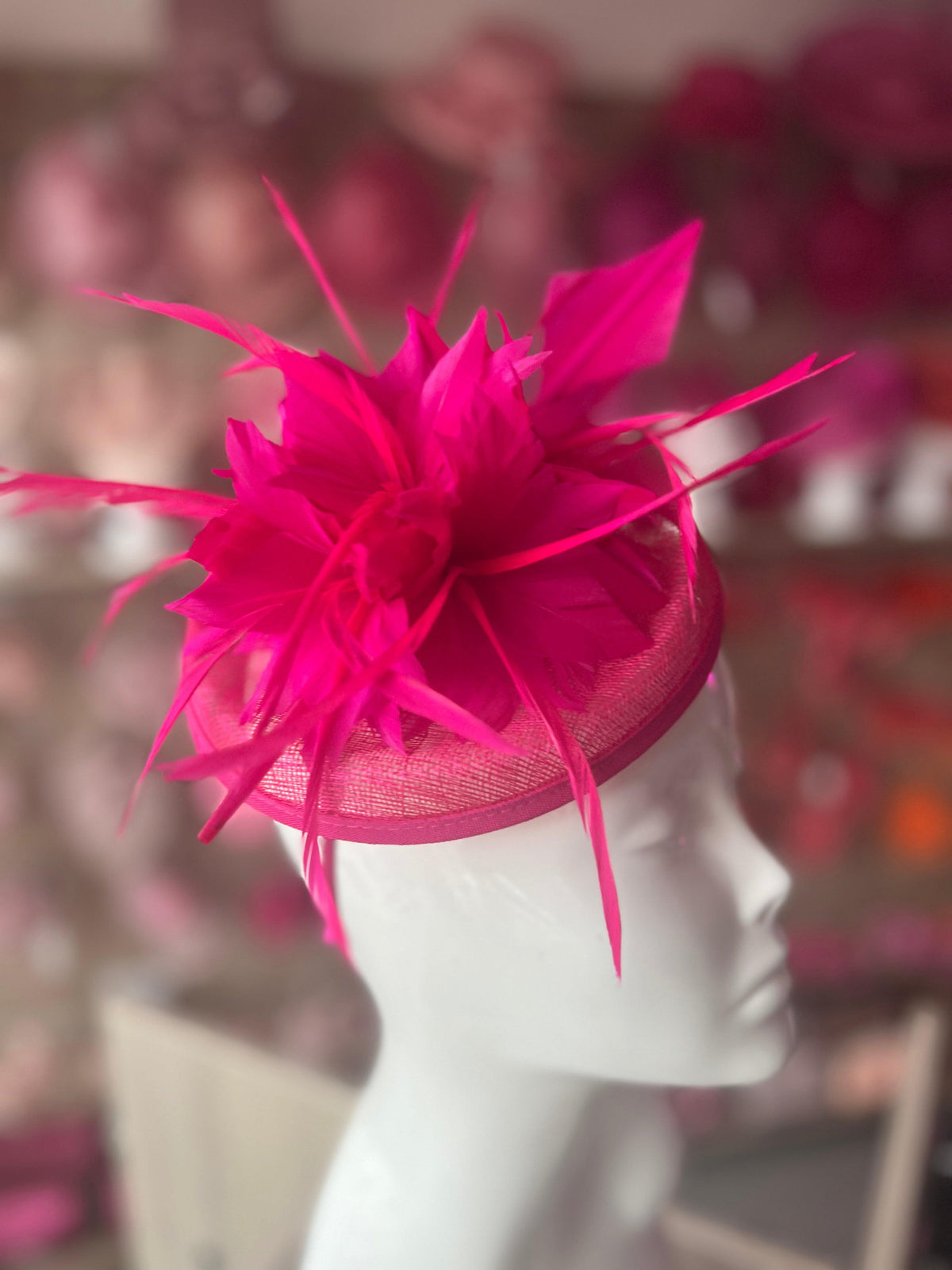 Fuchsia Pillbox Fascinator With Feather Flowers &amp; Feather Quill-Fascinators Direct