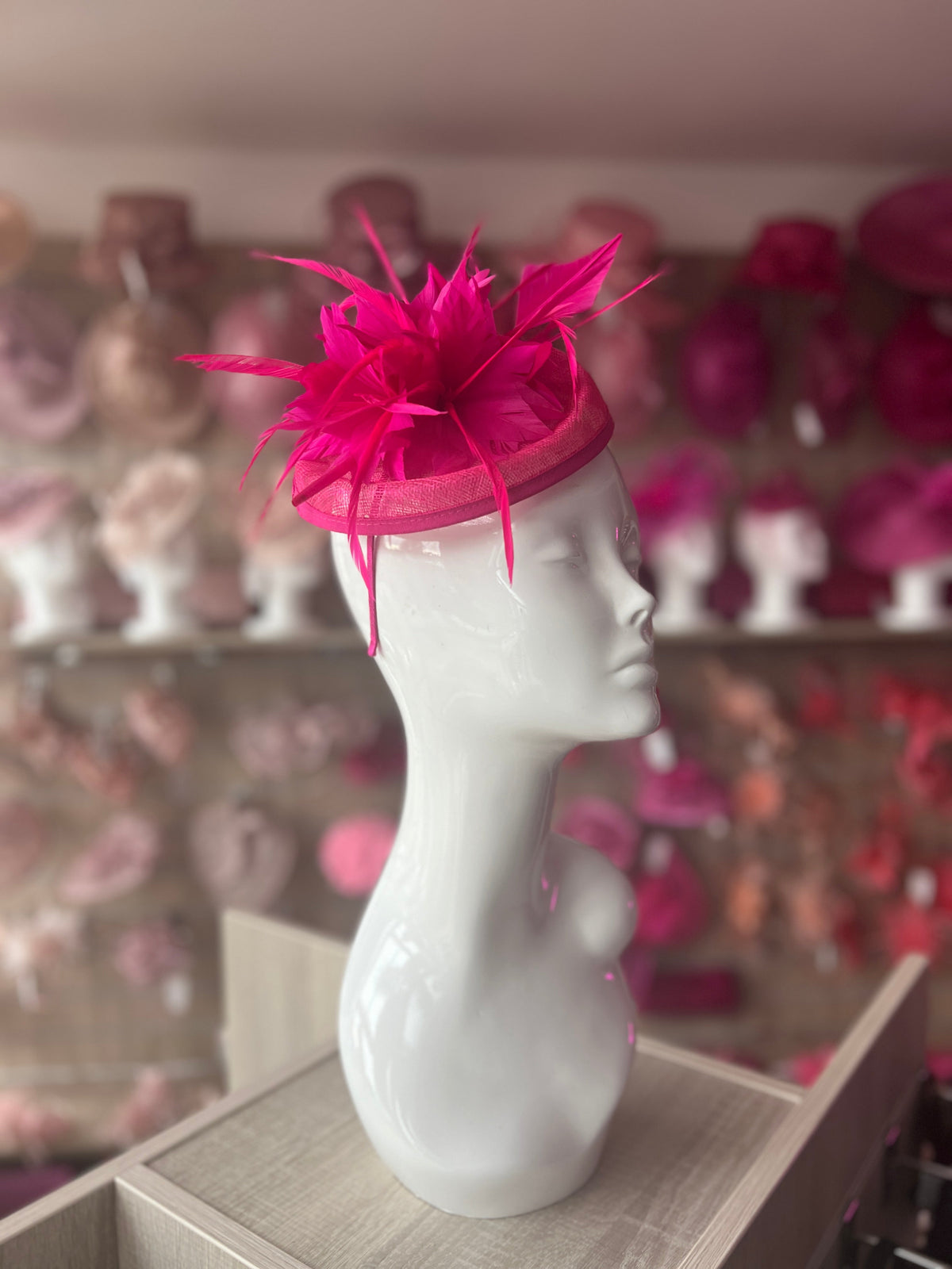 Fuchsia Pillbox Fascinator With Feather Flowers &amp; Feather Quill-Fascinators Direct