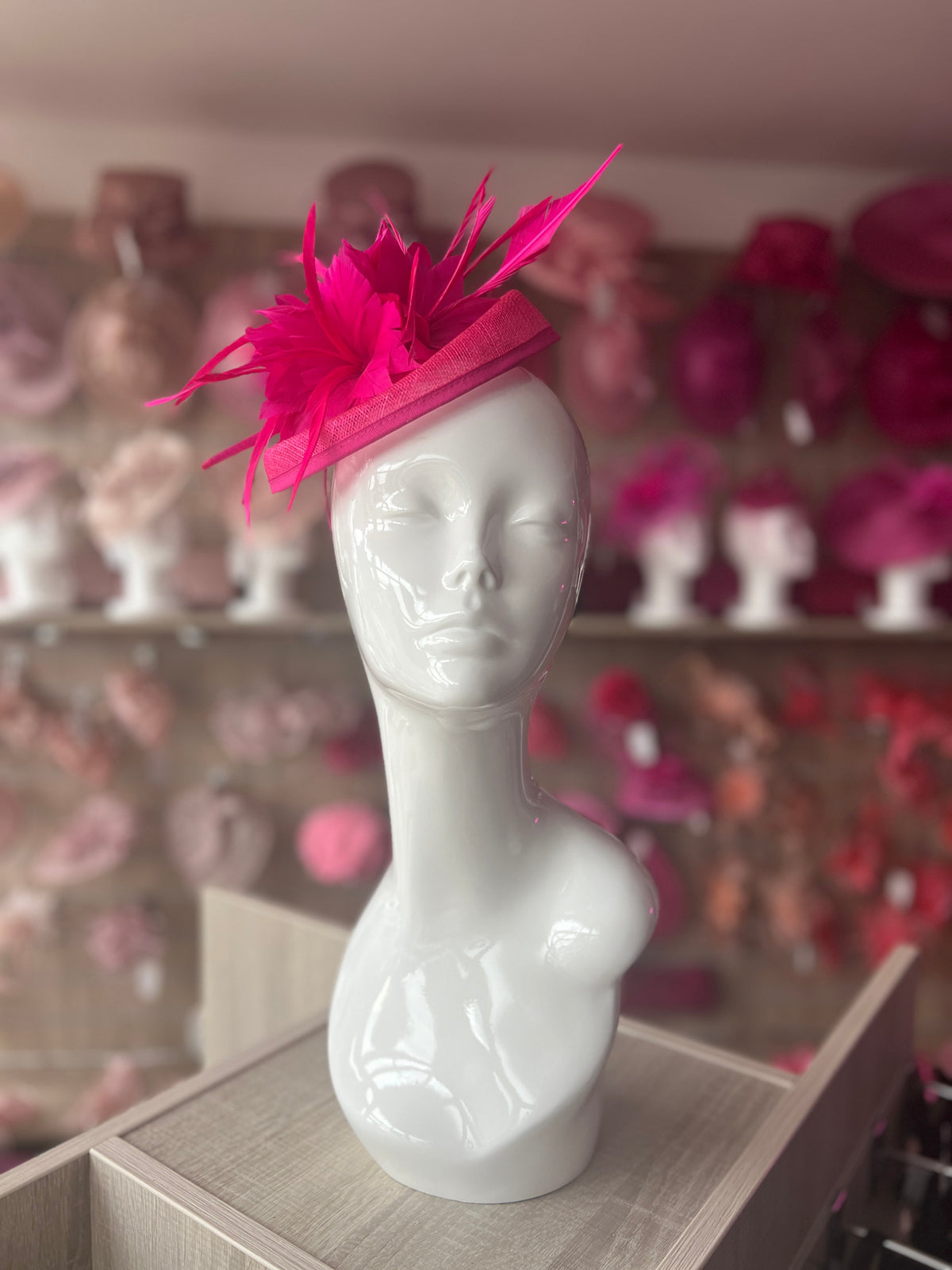 Fuchsia Pillbox Fascinator With Feather Flowers &amp; Feather Quill-Fascinators Direct