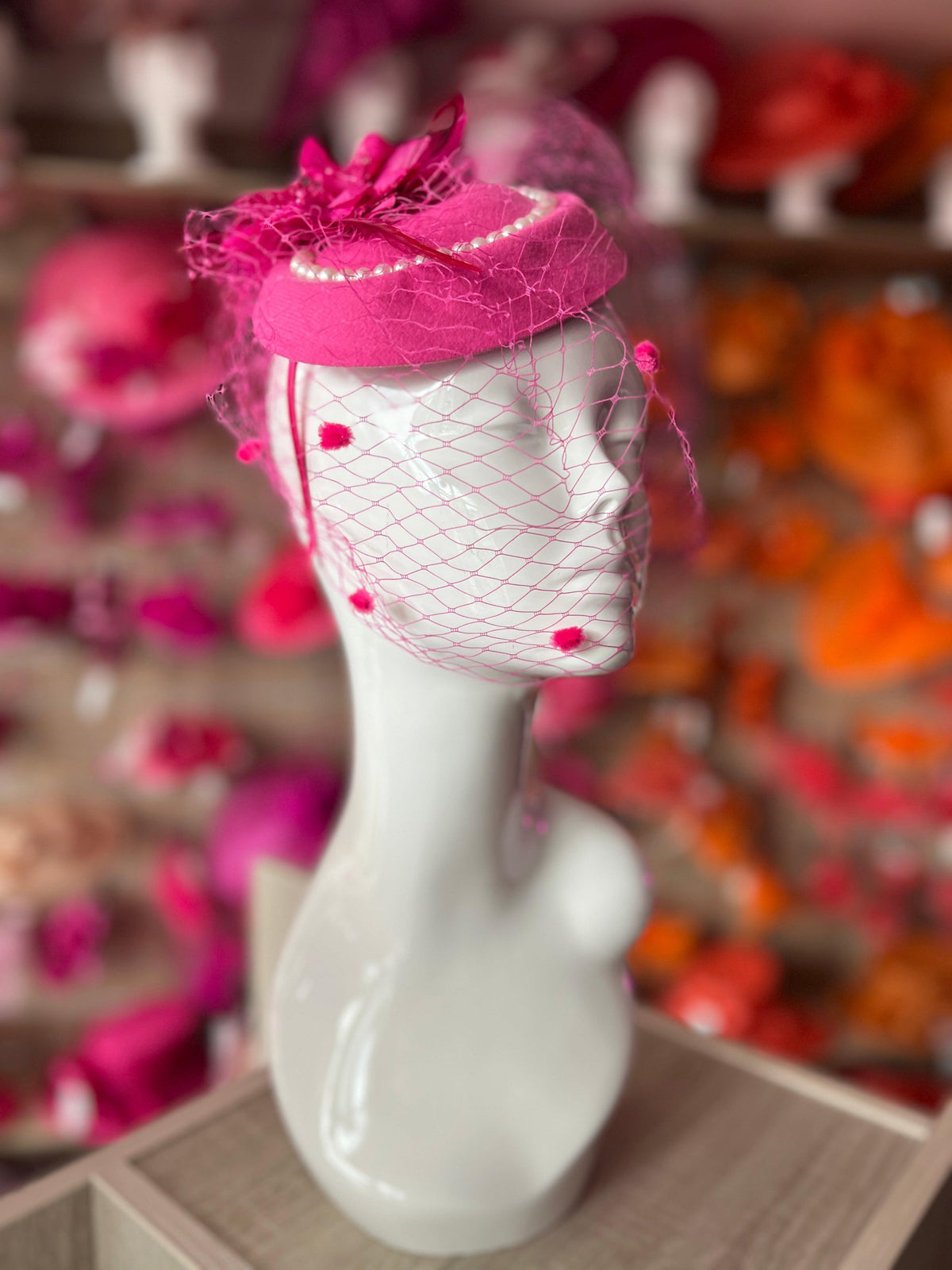 Fuchsia Pillbox Hat With Flower,Veil &amp; Pearls-Fascinators Direct