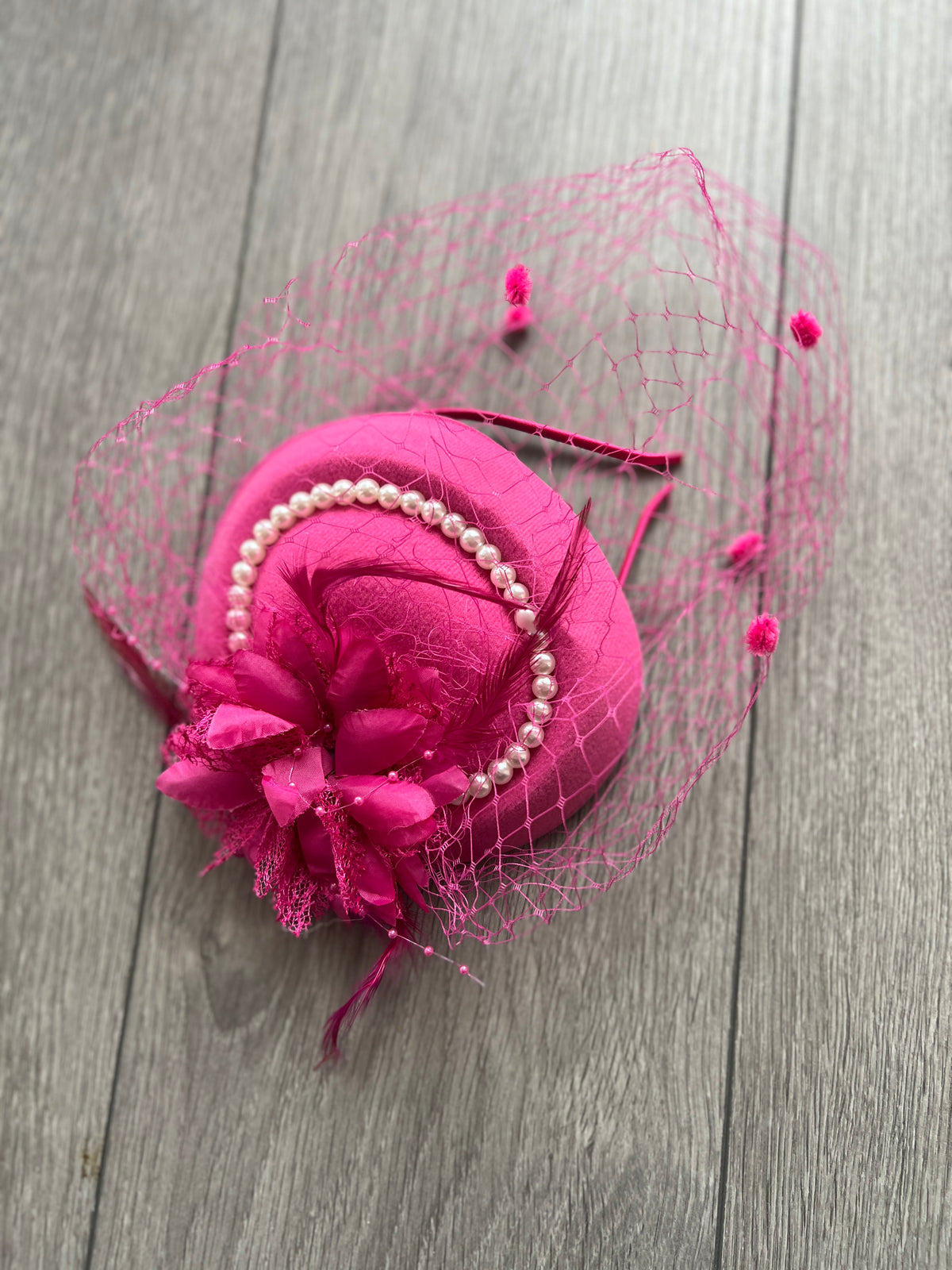 Fuchsia Pillbox Hat With Flower,Veil &amp; Pearls-Fascinators Direct