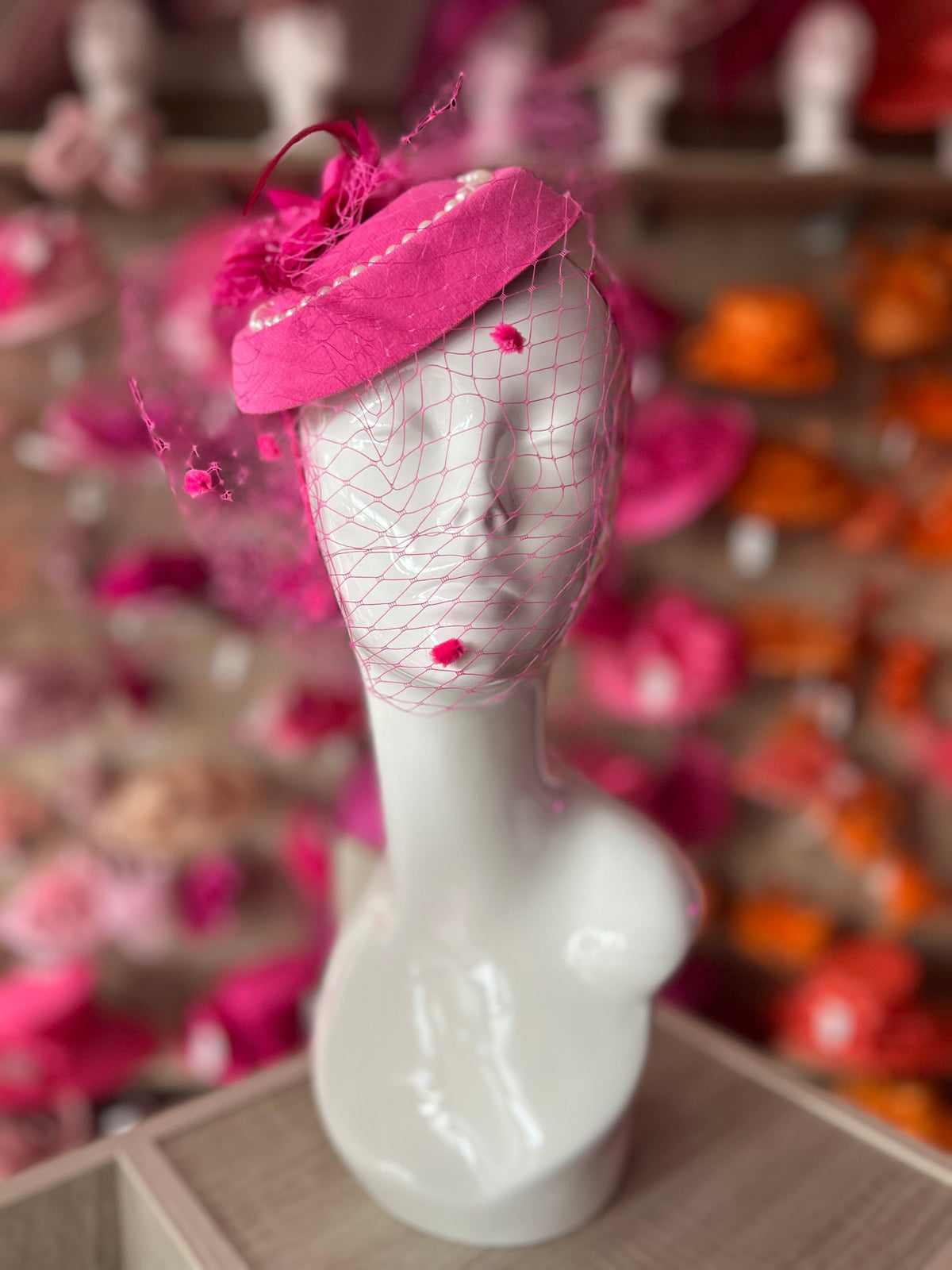 Fuchsia Pillbox Hat With Flower,Veil &amp; Pearls-Fascinators Direct