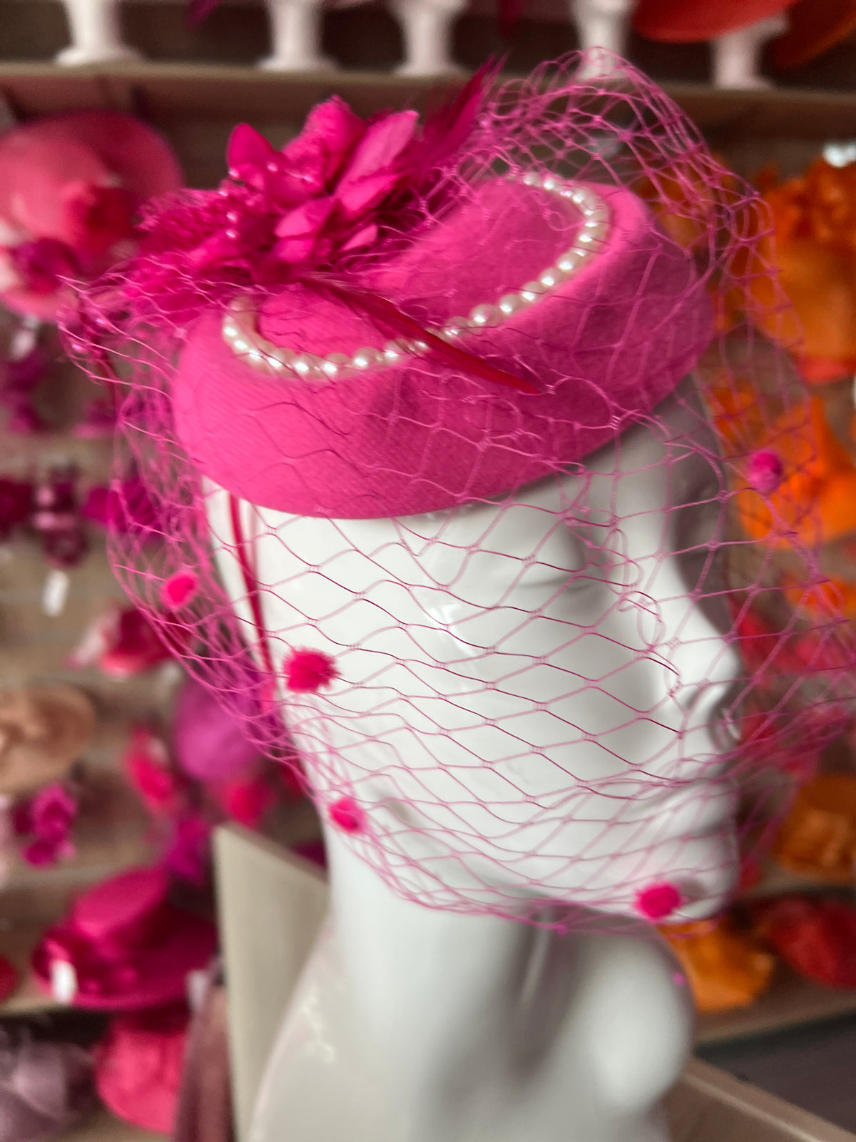 Fuchsia Pillbox Hat With Flower,Veil &amp; Pearls-Fascinators Direct