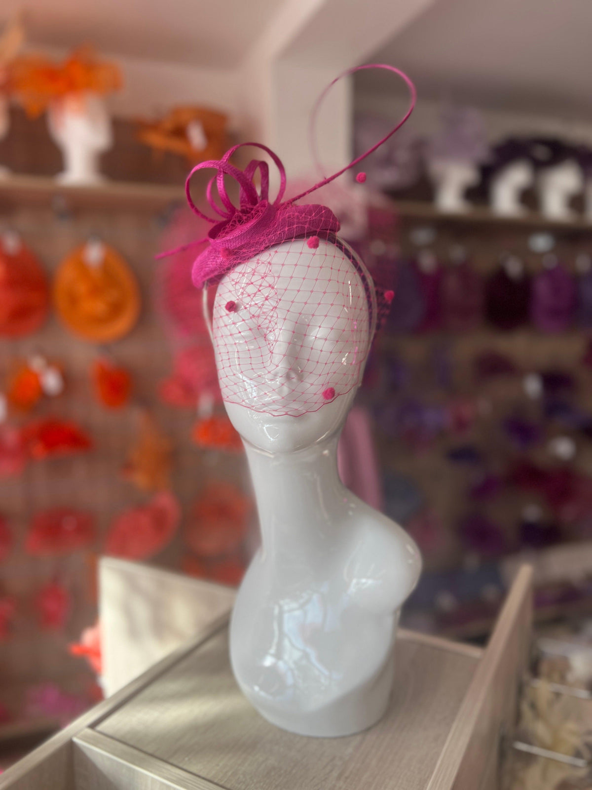 Fuchsia Pillbox Hat with Veil &amp; Curled Quill-Fascinators Direct