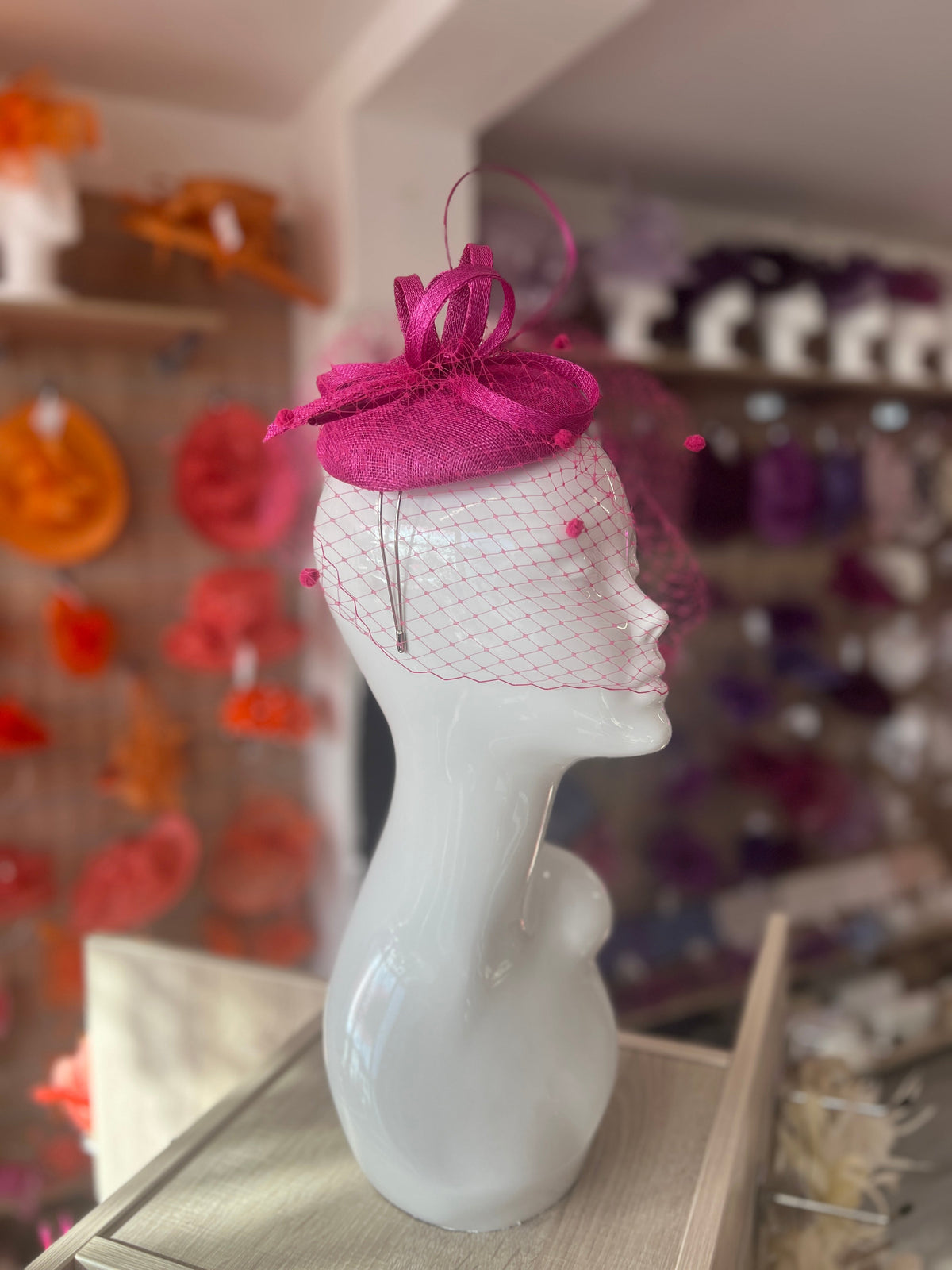 Fuchsia Pillbox Hat with Veil &amp; Curled Quill-Fascinators Direct