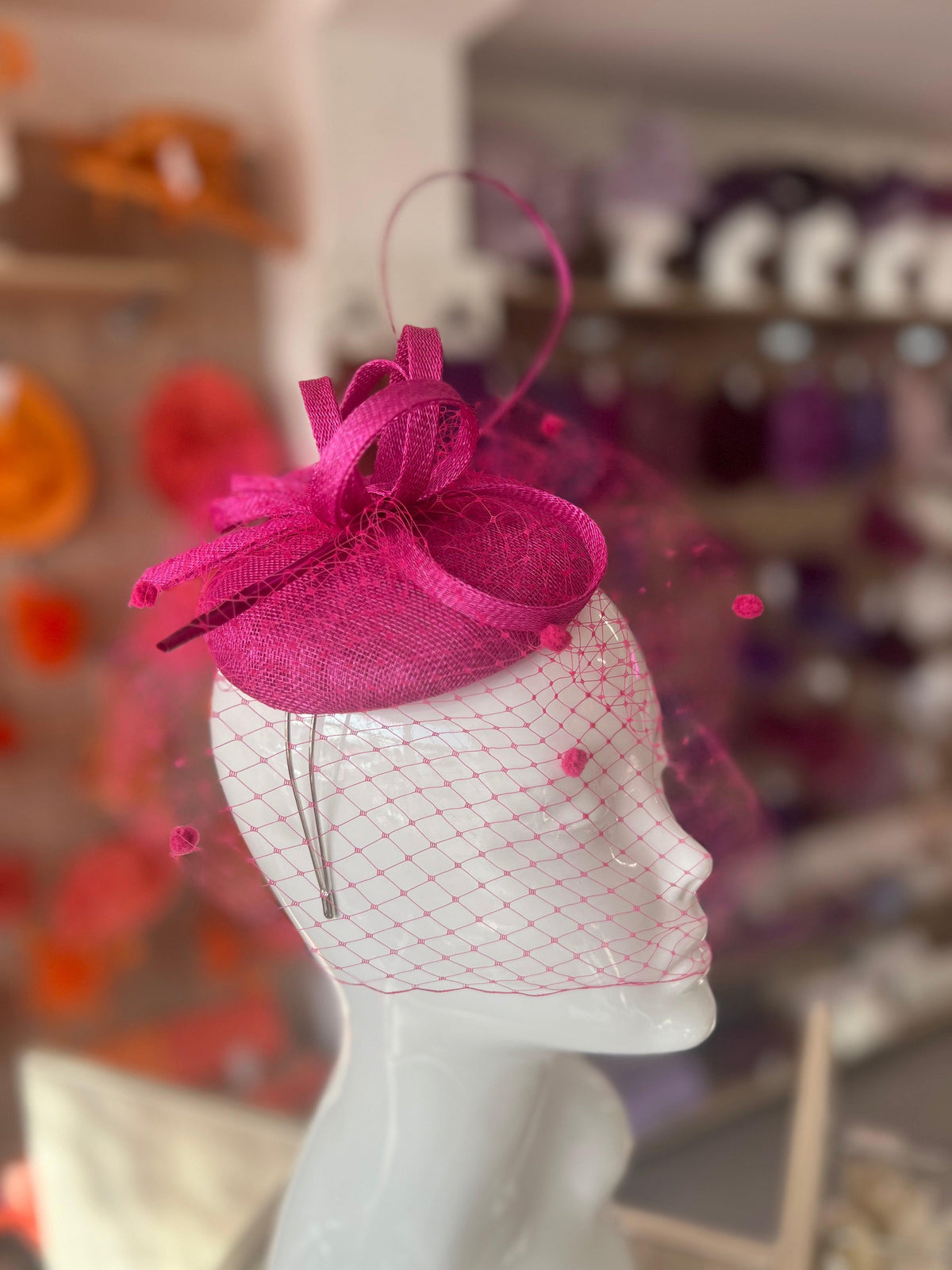 Fuchsia Pillbox Hat with Veil &amp; Curled Quill-Fascinators Direct
