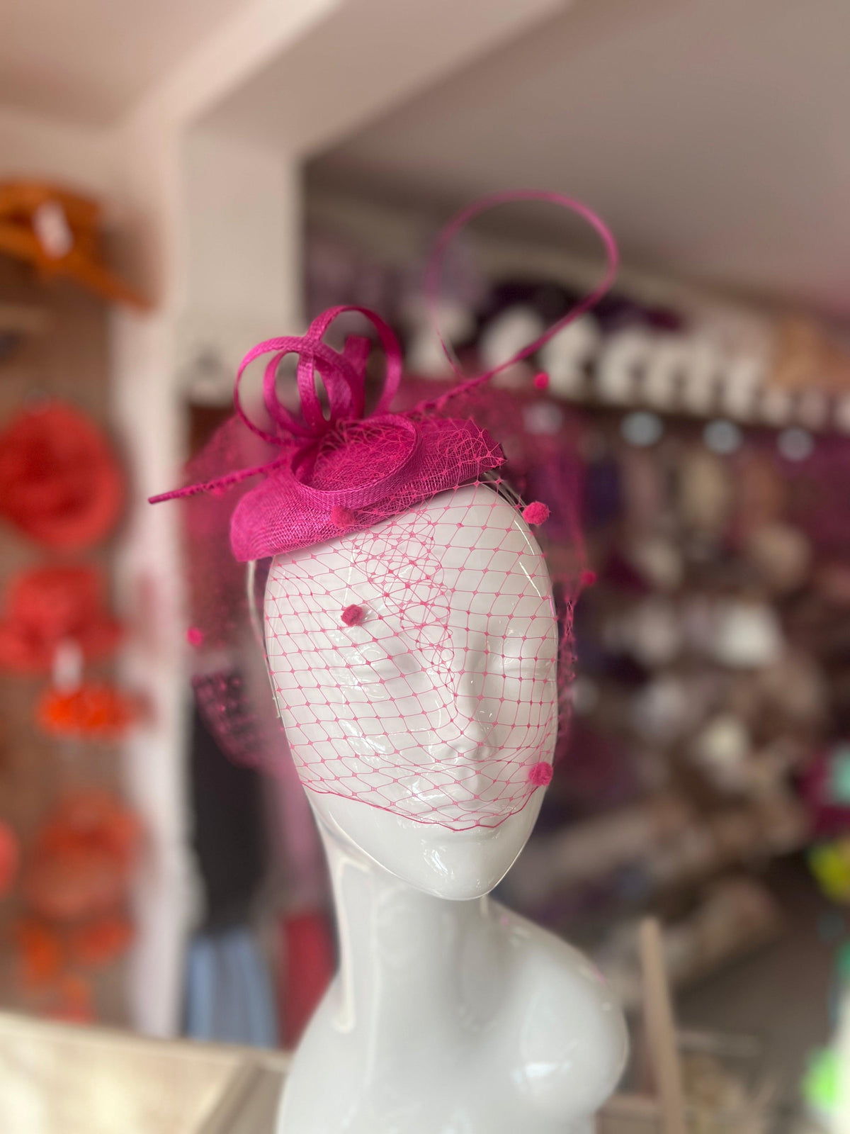 Fuchsia Pillbox Hat with Veil &amp; Curled Quill-Fascinators Direct
