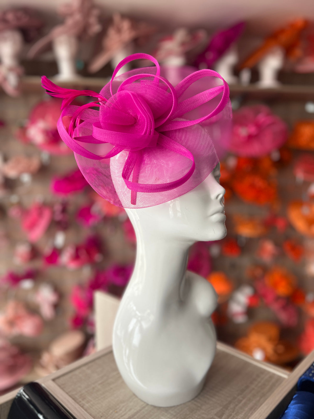 Fuchsia Pink Crinoline Saucer Fascinator With Loops &amp; Feathers-Fascinators Direct