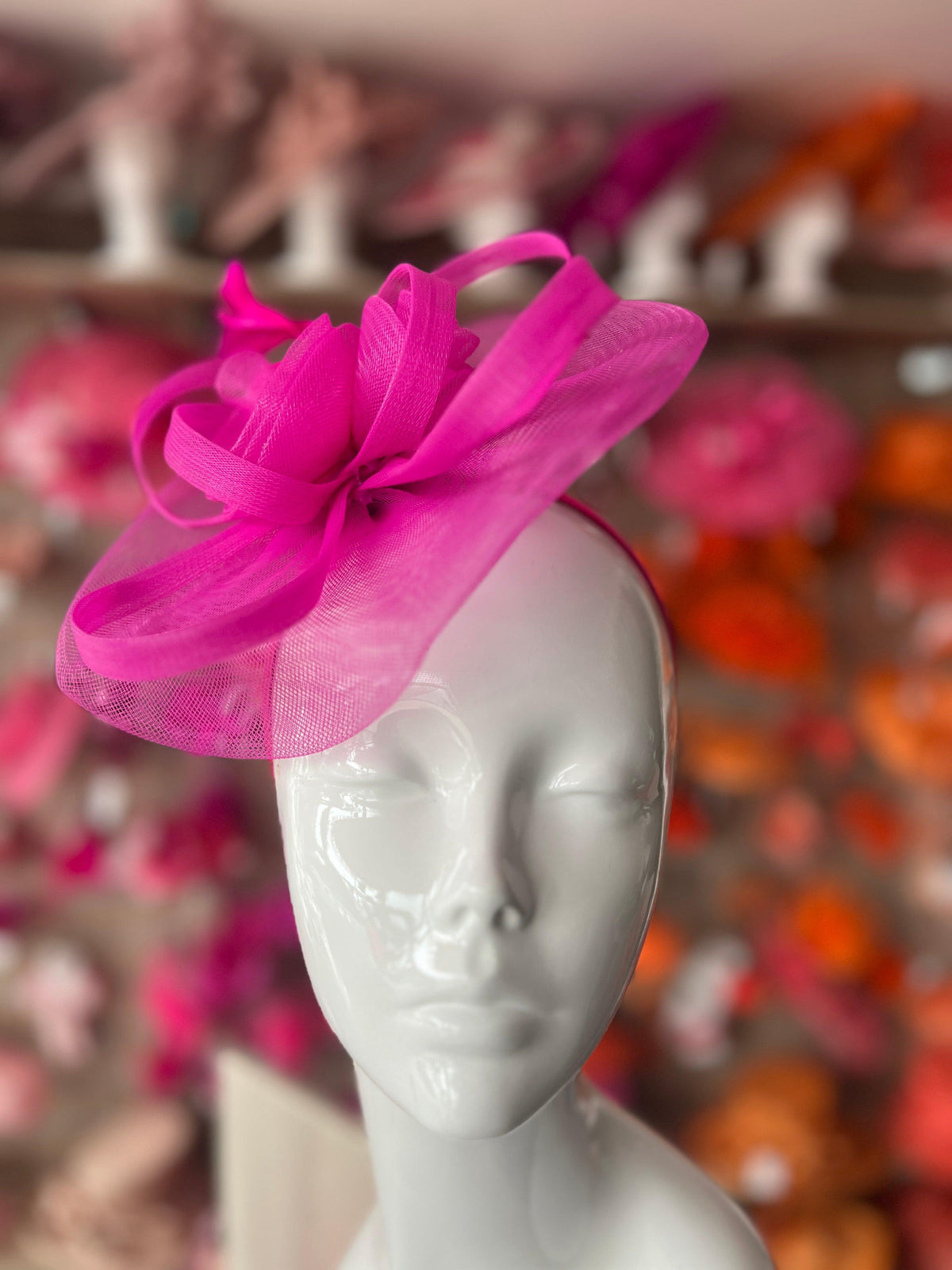 Fuchsia Pink Crinoline Saucer Fascinator With Loops &amp; Feathers-Fascinators Direct