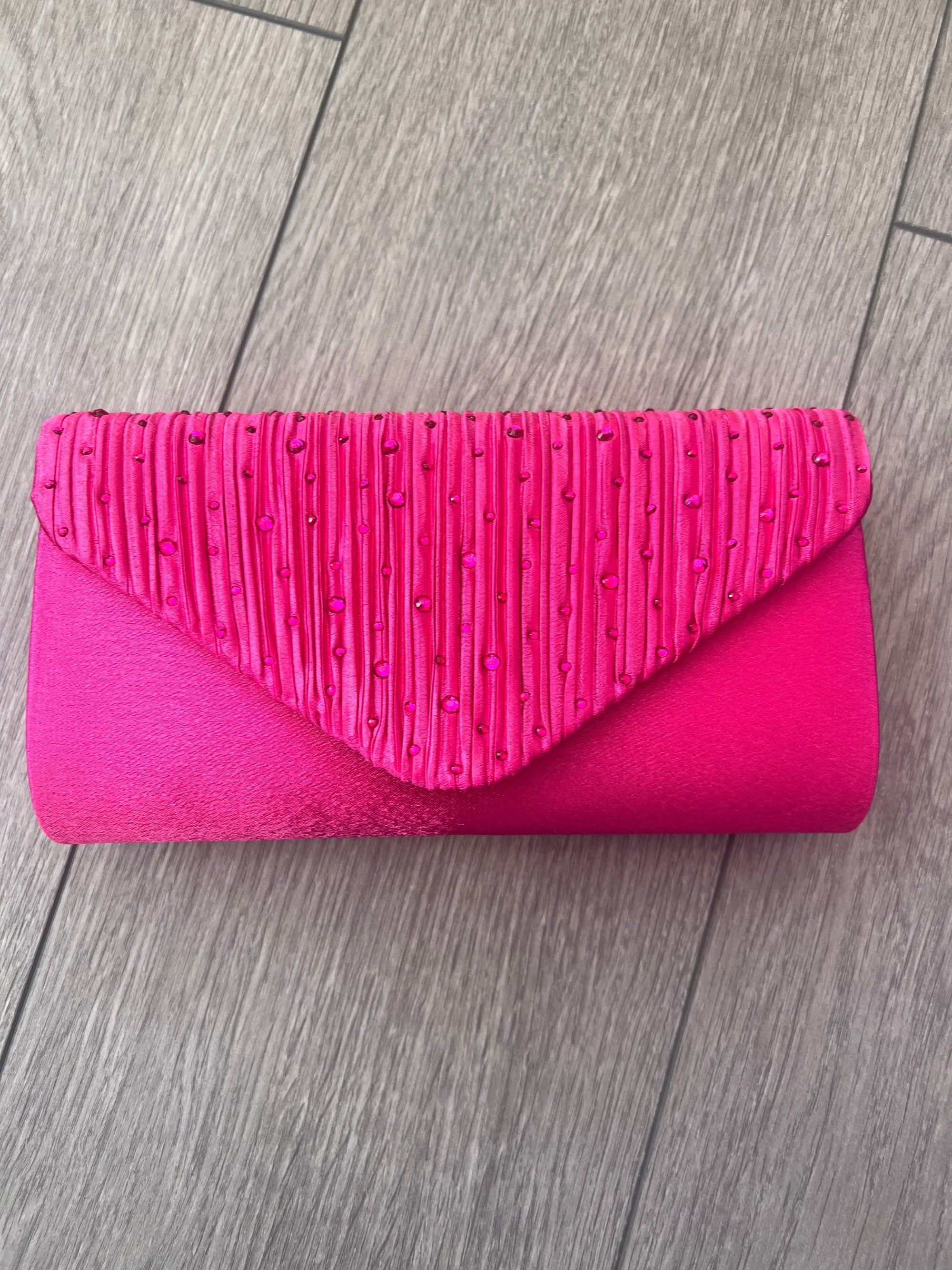 Fuchsia Pink Envelope Clutch Bag with Crystal Rhinestones-Fascinators Direct