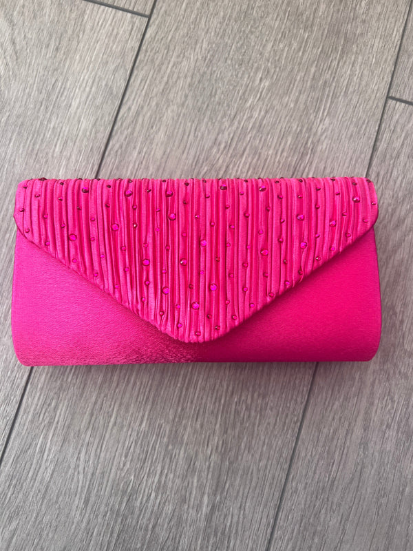 Fuchsia Pink Envelope Clutch Bag with Crystal Rhinestones