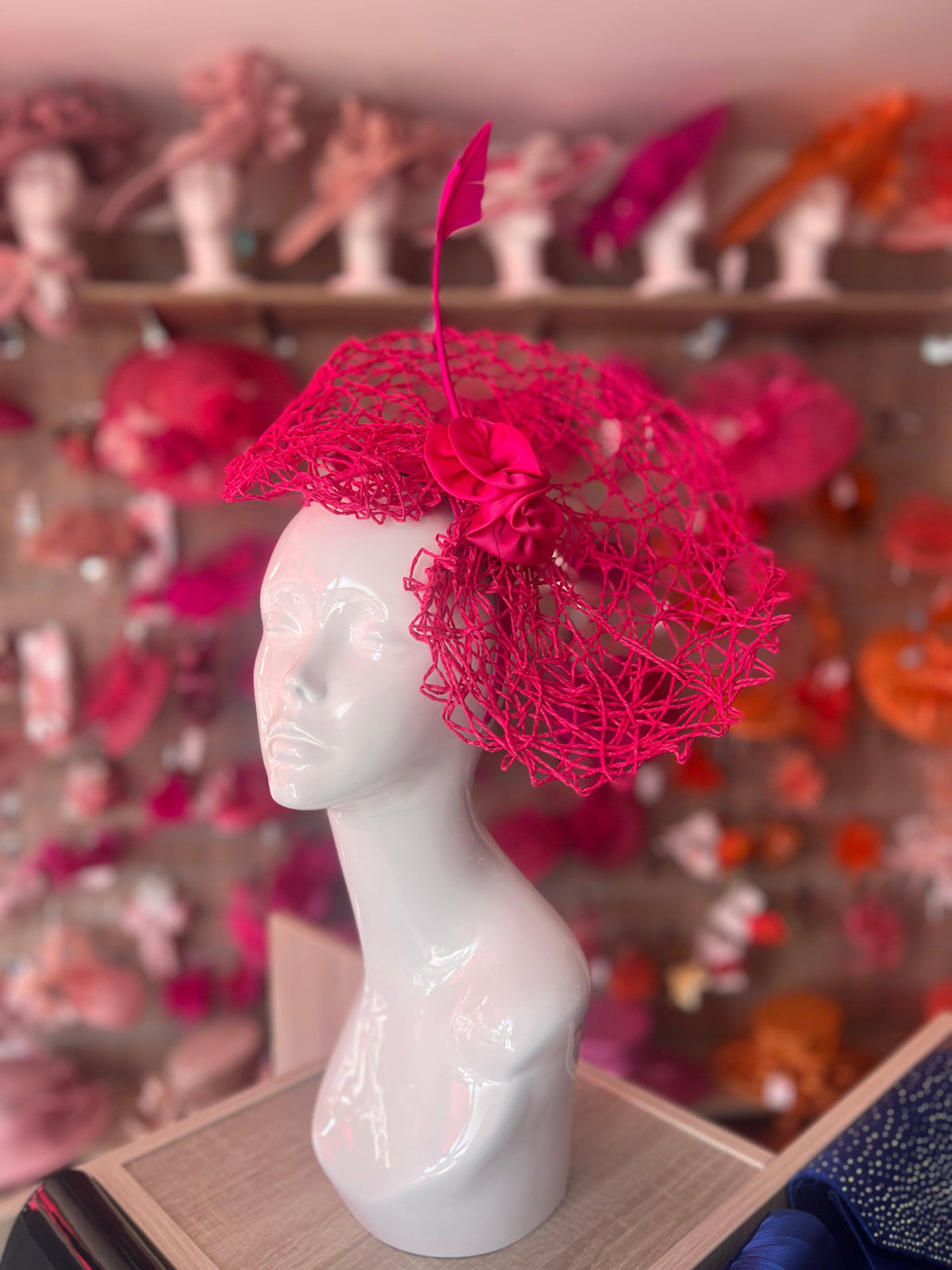 Fuchsia Pink Lattice Saucer Fascinator With Satin Flower &amp; Feather Quill-Fascinators Direct