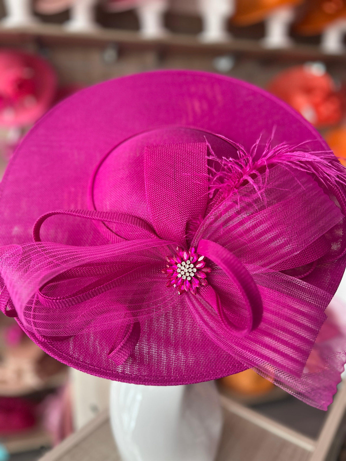 Fuchsia Pink Saucer Hatinator With Feather &amp; Loops-Fascinators Direct