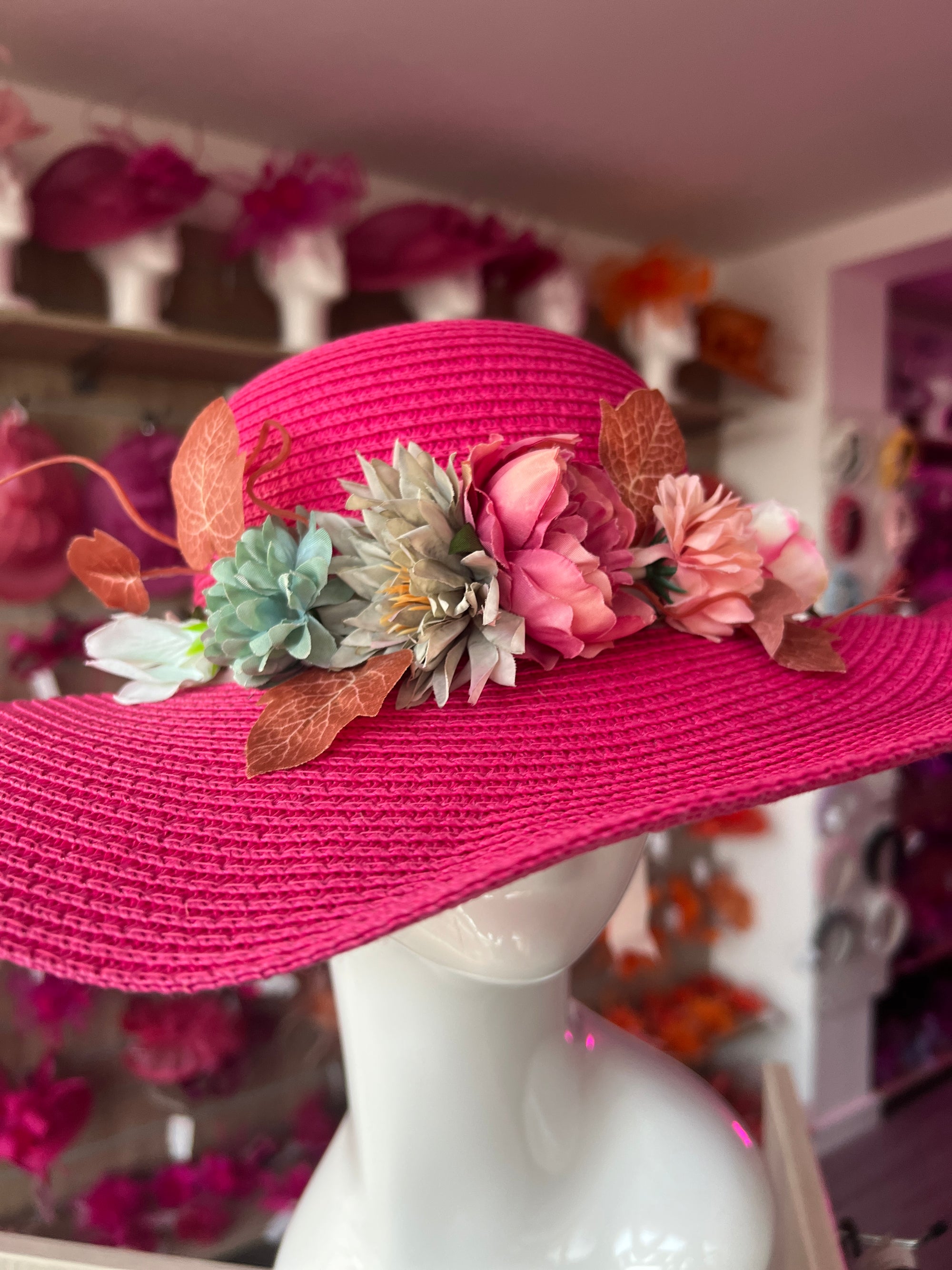 Fuchsia Pink Straw Sun Hat With Flowers & Foliage-Fascinators Direct