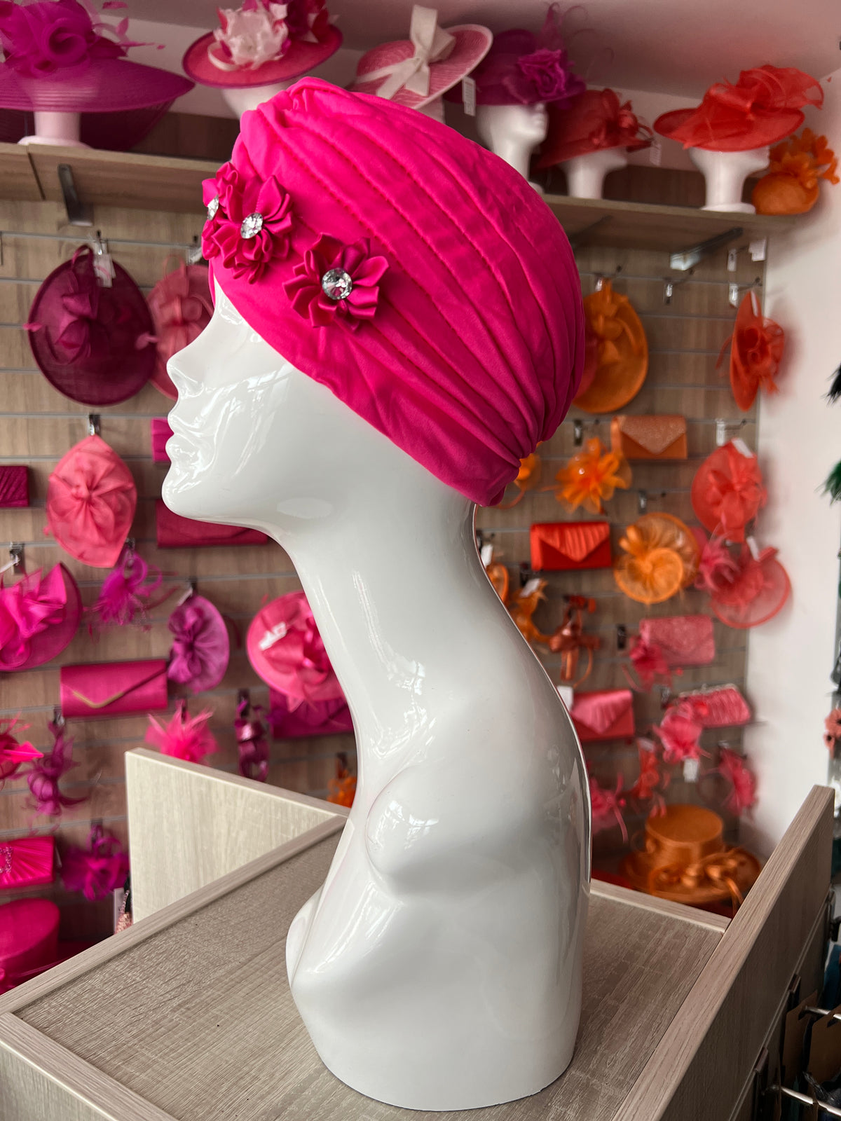 Fuchsia Pink Turban With 3 Embellished Flowers-Fascinators Direct