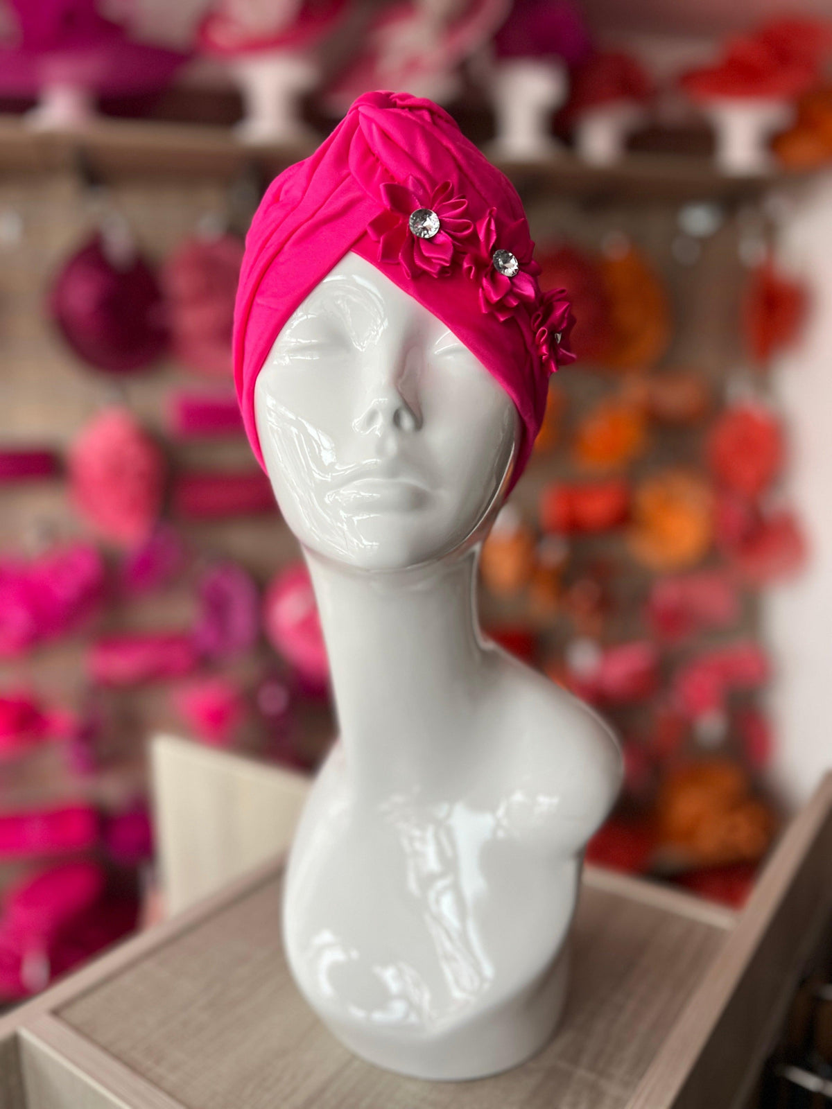 Fuchsia Pink Turban With 3 Embellished Flowers-Fascinators Direct
