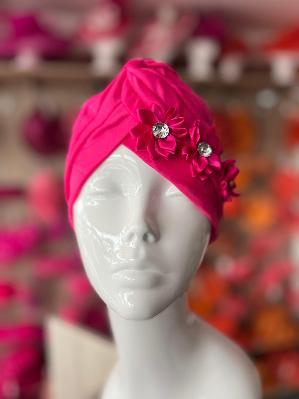 Fuchsia Pink Turban With 3 Embellished Flowers-Fascinators Direct