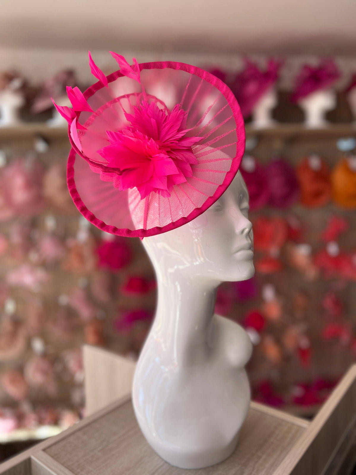 Fuchsia Pleated Spiral Fascinator With Feather Flower-Fascinators Direct