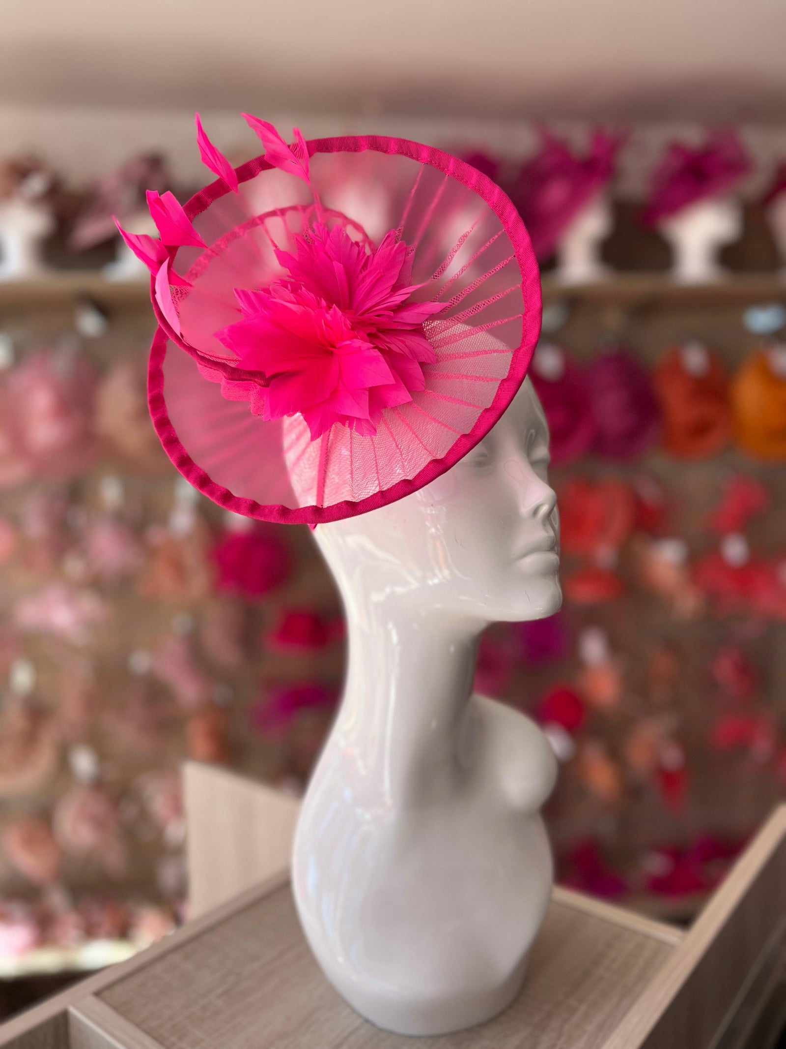 Fuchsia Pleated Spiral Fascinator With Feather Flower-Fascinators Direct