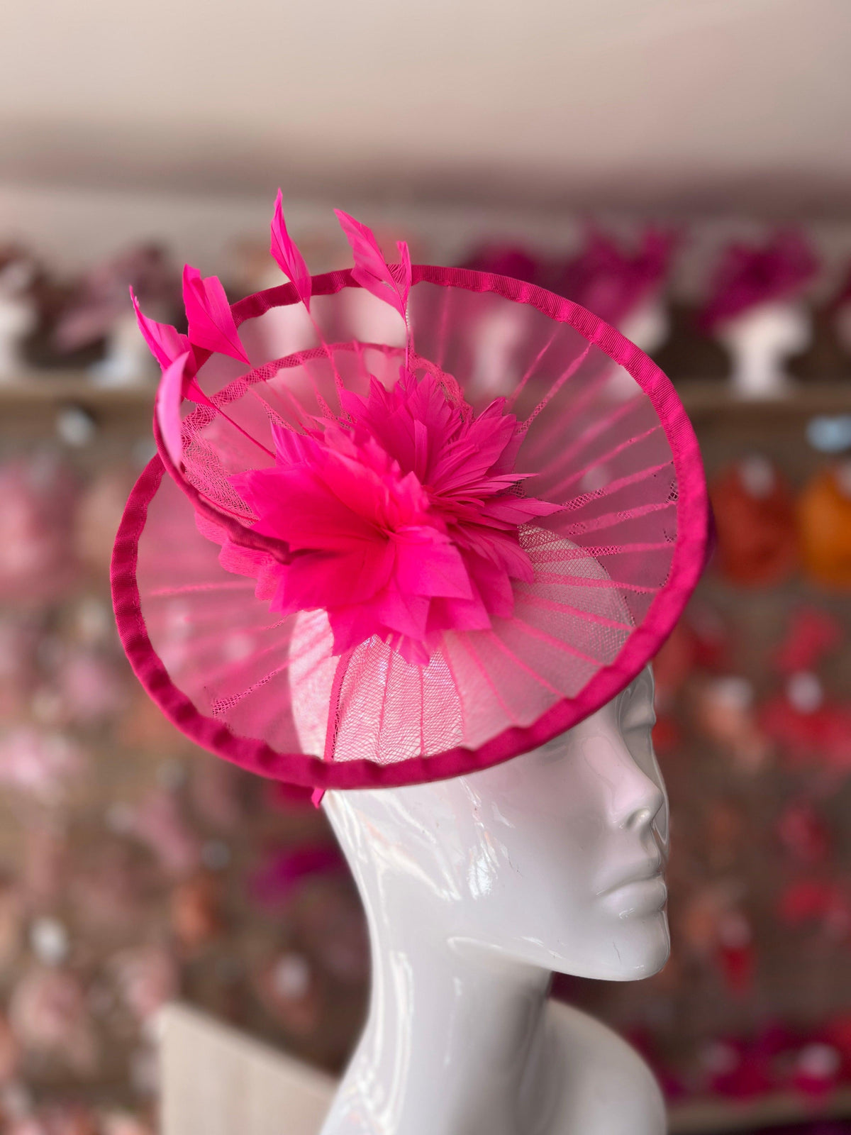 Fuchsia Pleated Spiral Fascinator With Feather Flower-Fascinators Direct