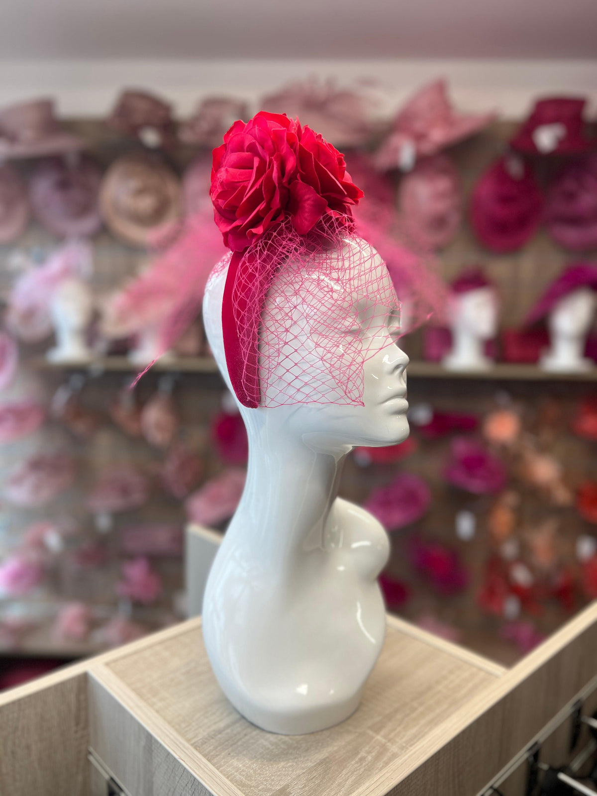 Fuchsia Rose &amp; Netting Chunky Headband Fascinator-Fascinators Direct