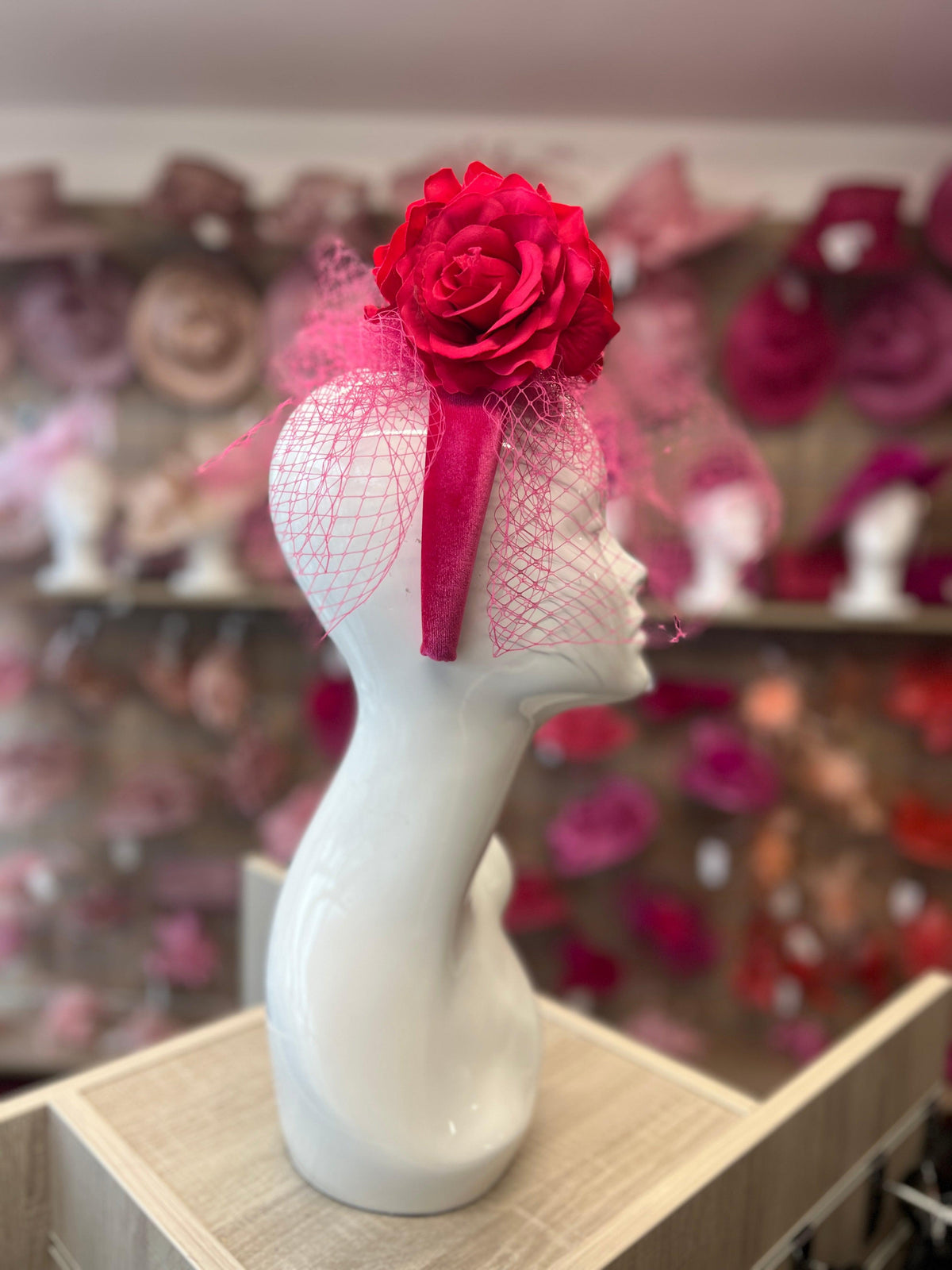 Fuchsia Rose &amp; Netting Chunky Headband Fascinator-Fascinators Direct