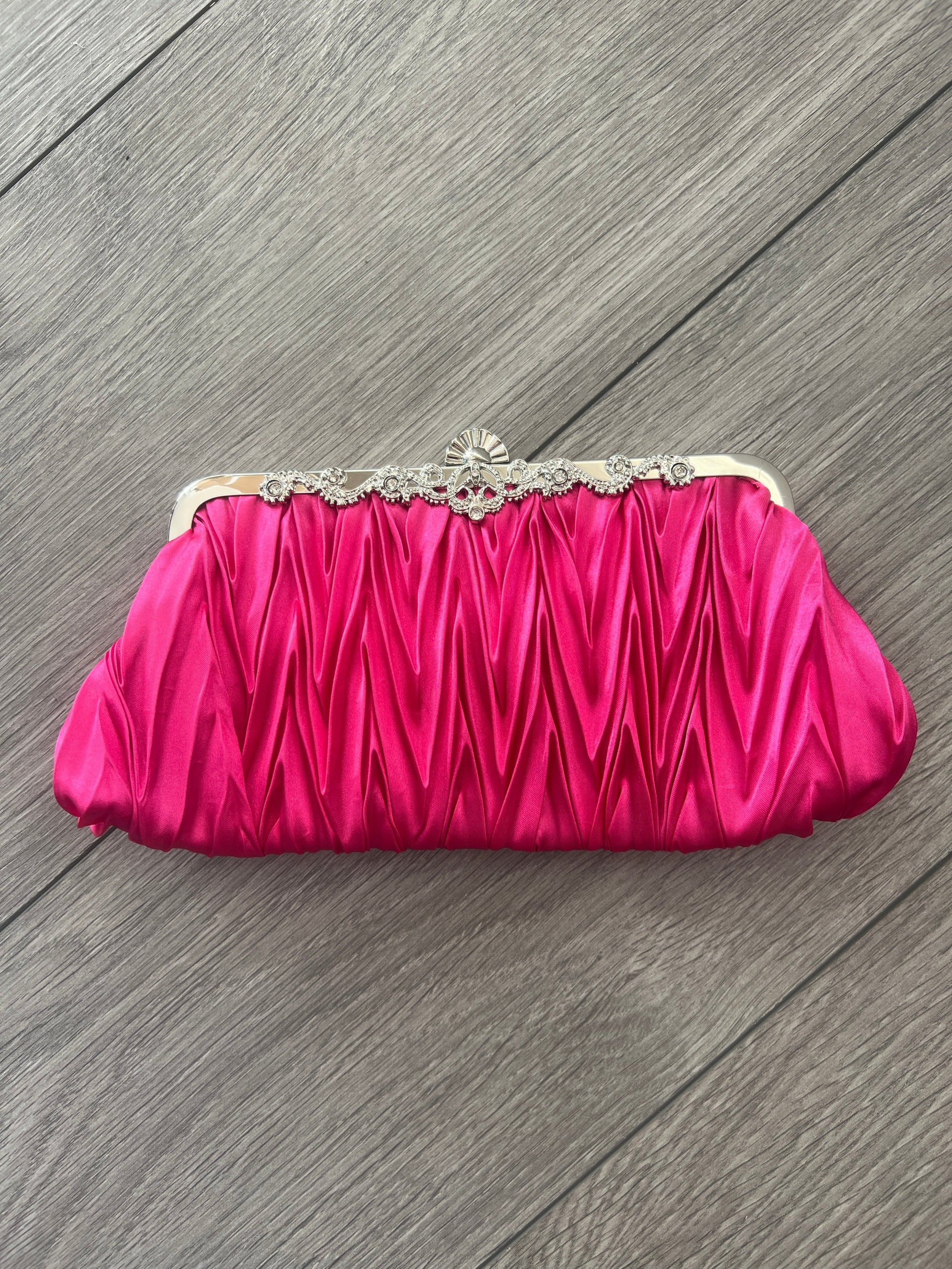 Fuchsia Satin Art Deco Detail Clutch Bag-Fascinators Direct