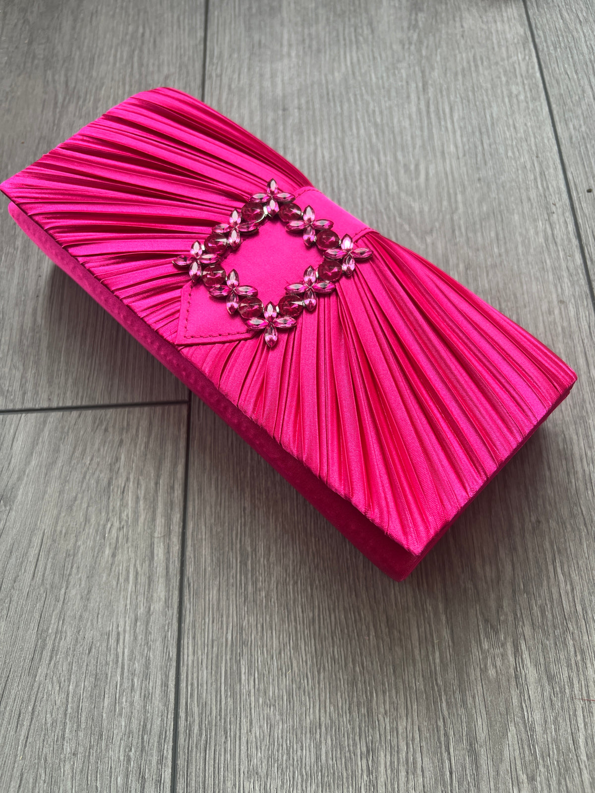 Fuchsia Satin Pleated Clutch Bag With Jewel Embellishment-Fascinators Direct