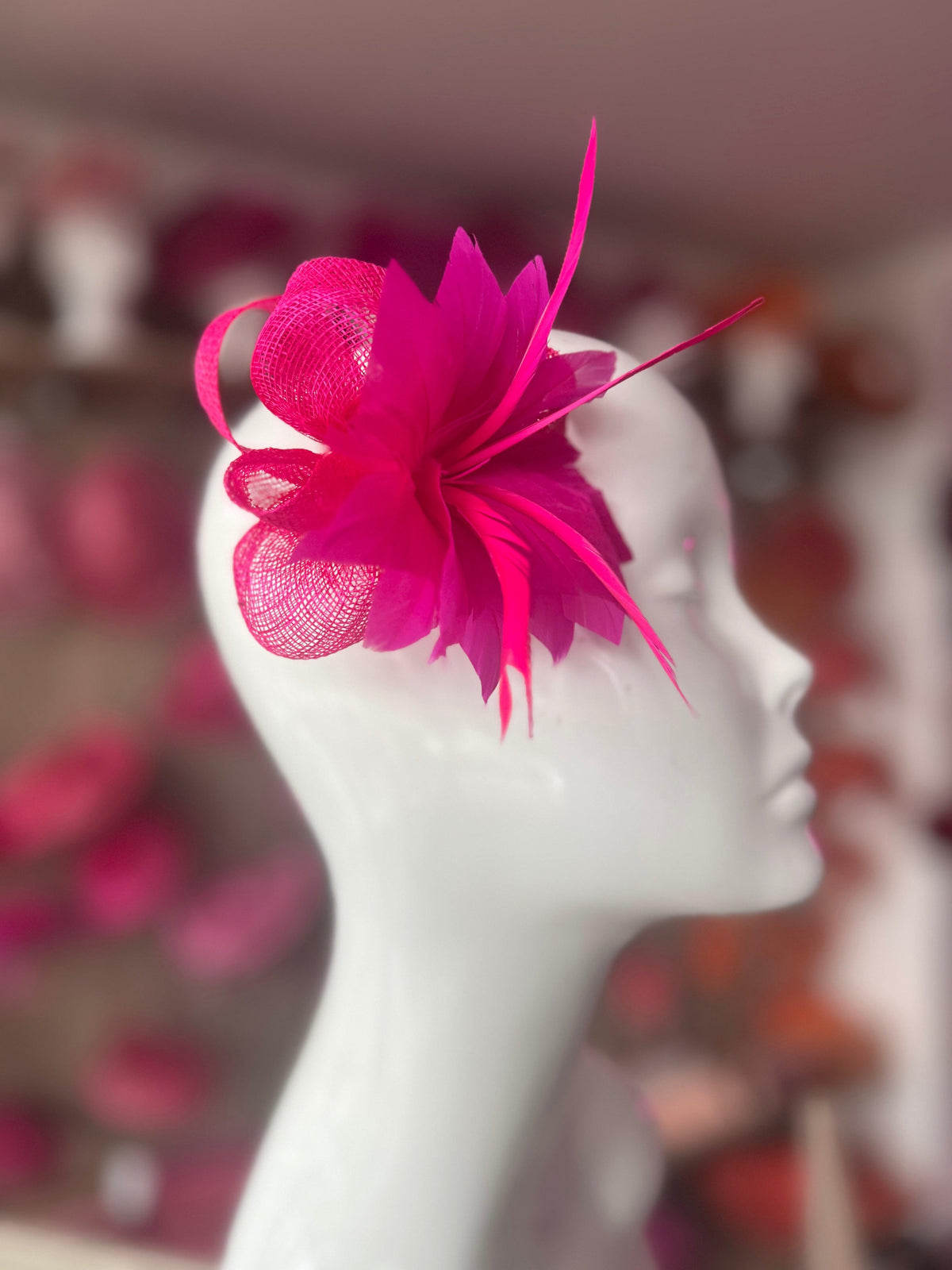 Fuchsia Small Hair Clip Sinamay Fascinator with Feather Flower-Fascinators Direct