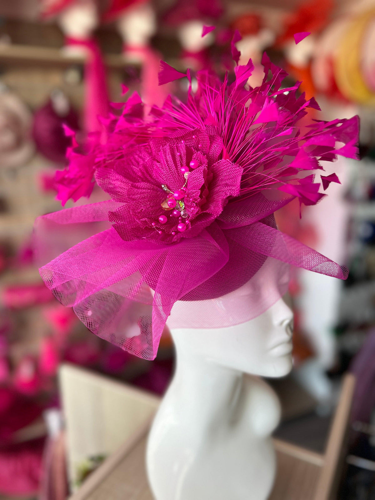 Fuchsia Vintage Feather Pillbox Hatinator With Beaded Detail-Fascinators Direct
