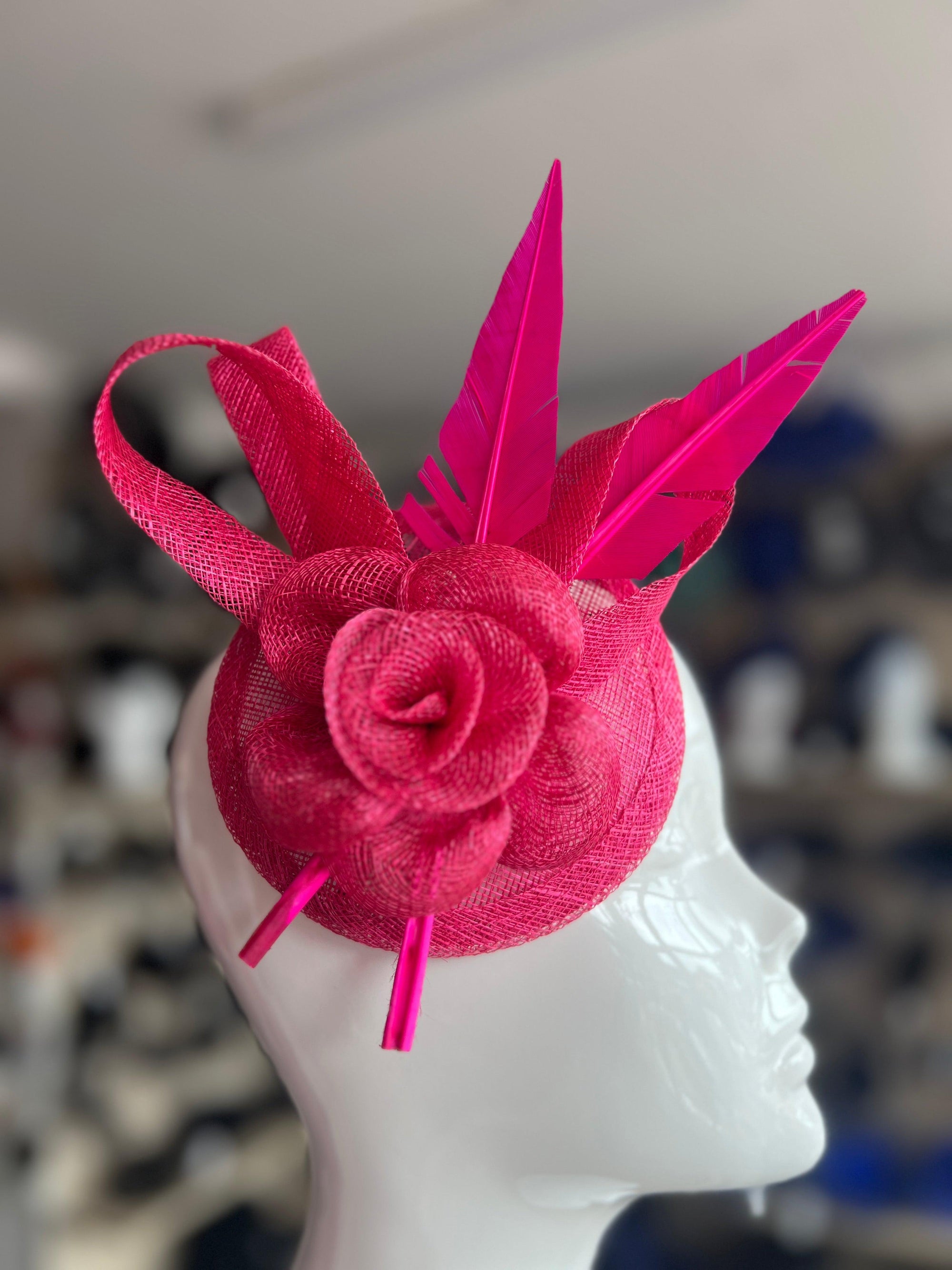 Fuschia Hair Fascinator with Sinamay Flower & Feather Quill-Fascinators Direct