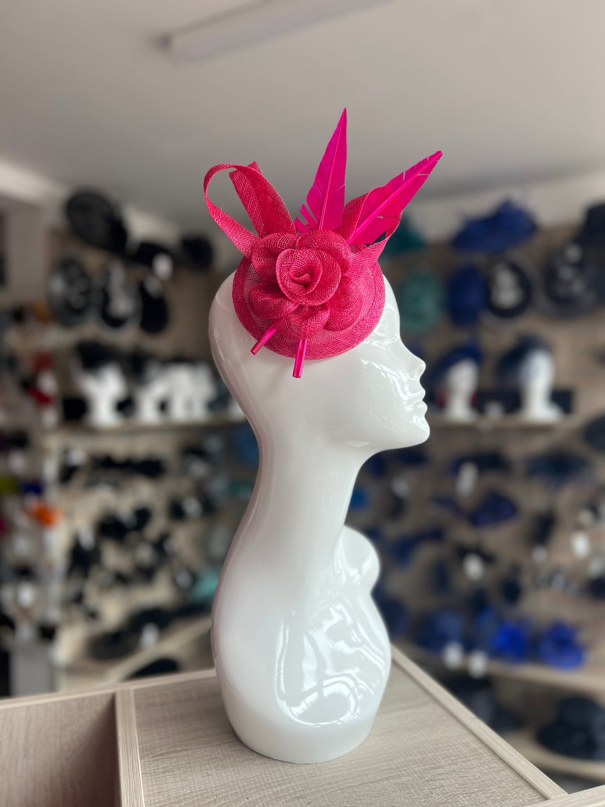 Fuschia Hair Fascinator with Sinamay Flower &amp; Feather Quill-Fascinators Direct