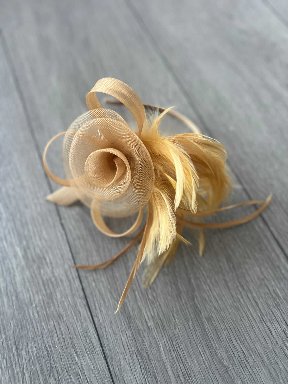 Gold Crinoline Fascinator with Swirl &amp; Feathers-Fascinators Direct