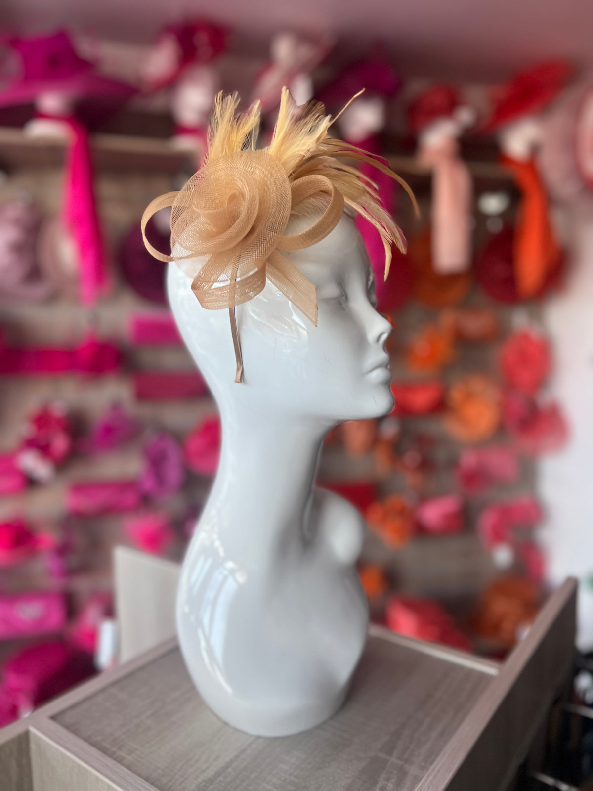 Gold Crinoline Fascinator with Swirl &amp; Feathers-Fascinators Direct