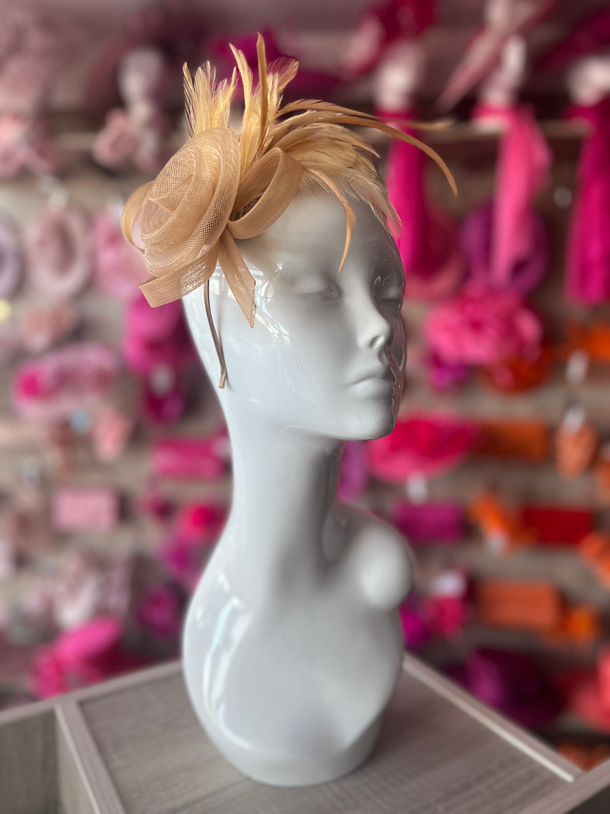 Gold Crinoline Fascinator with Swirl &amp; Feathers-Fascinators Direct