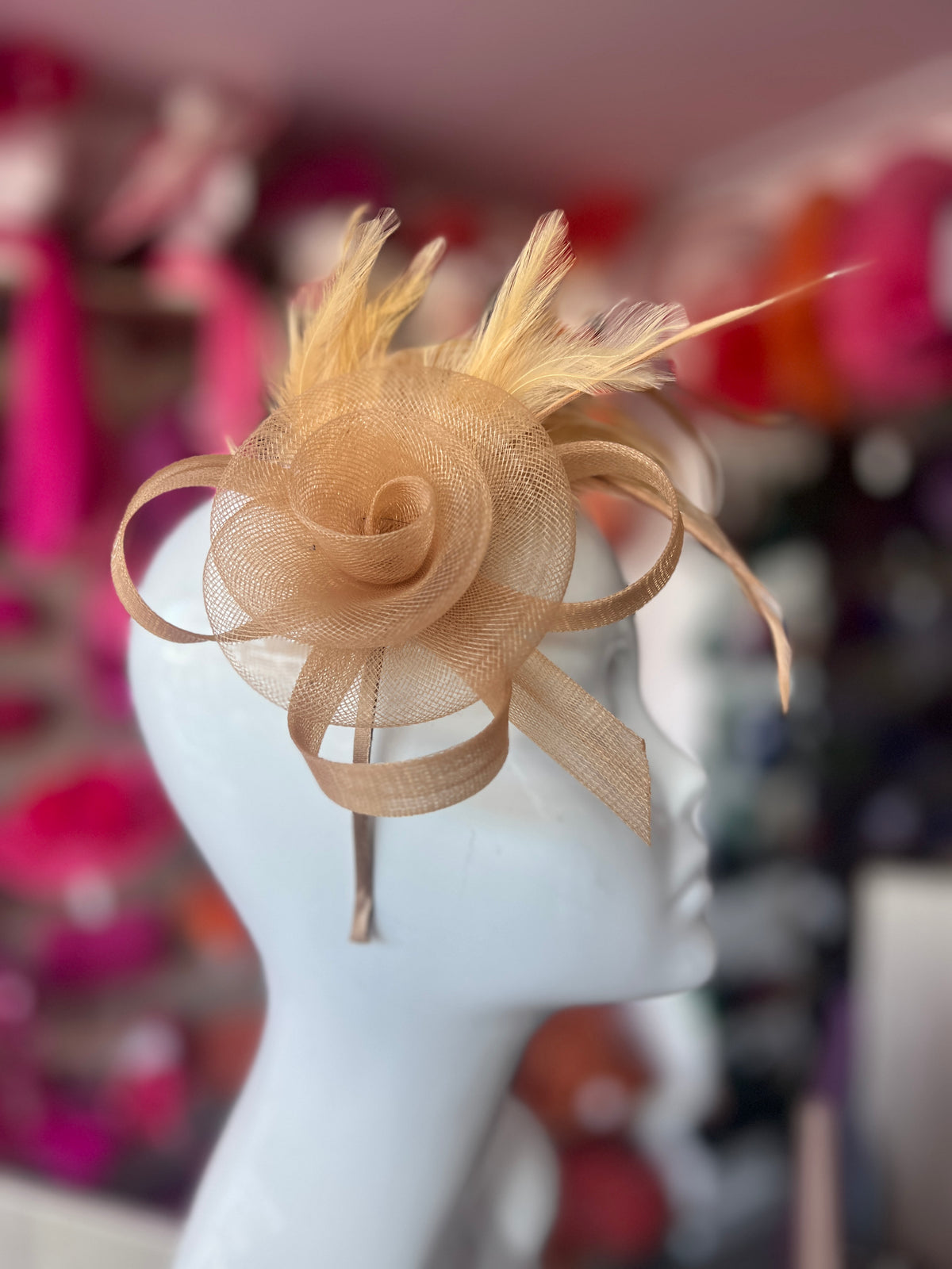 Gold Crinoline Fascinator with Swirl &amp; Feathers-Fascinators Direct