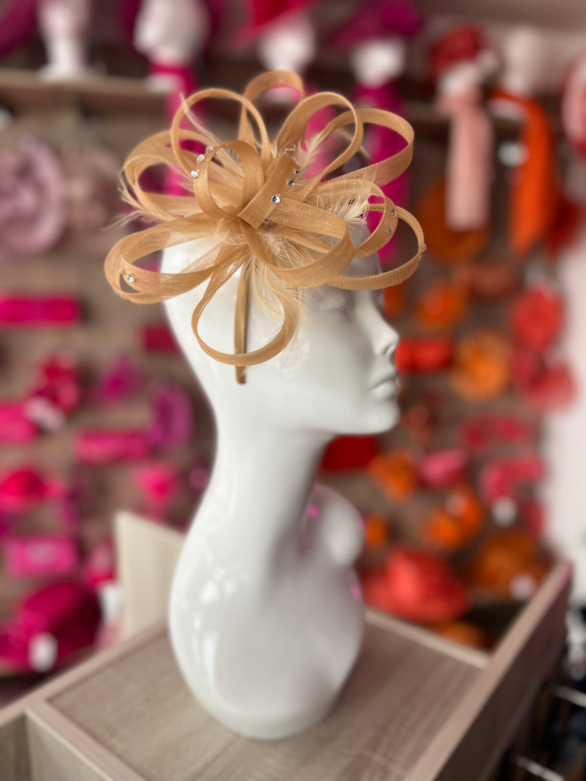Gold Diamante Fascinator With Loops &amp; Wispy Feathers-Fascinators Direct