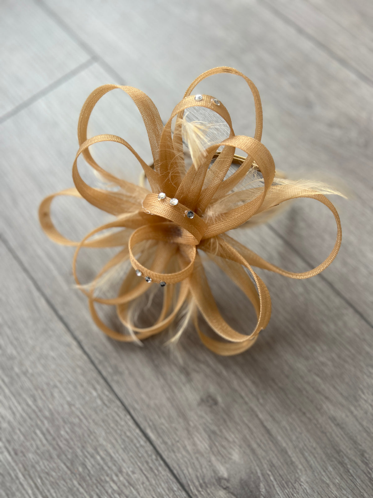 Gold Diamante Fascinator With Loops &amp; Wispy Feathers-Fascinators Direct