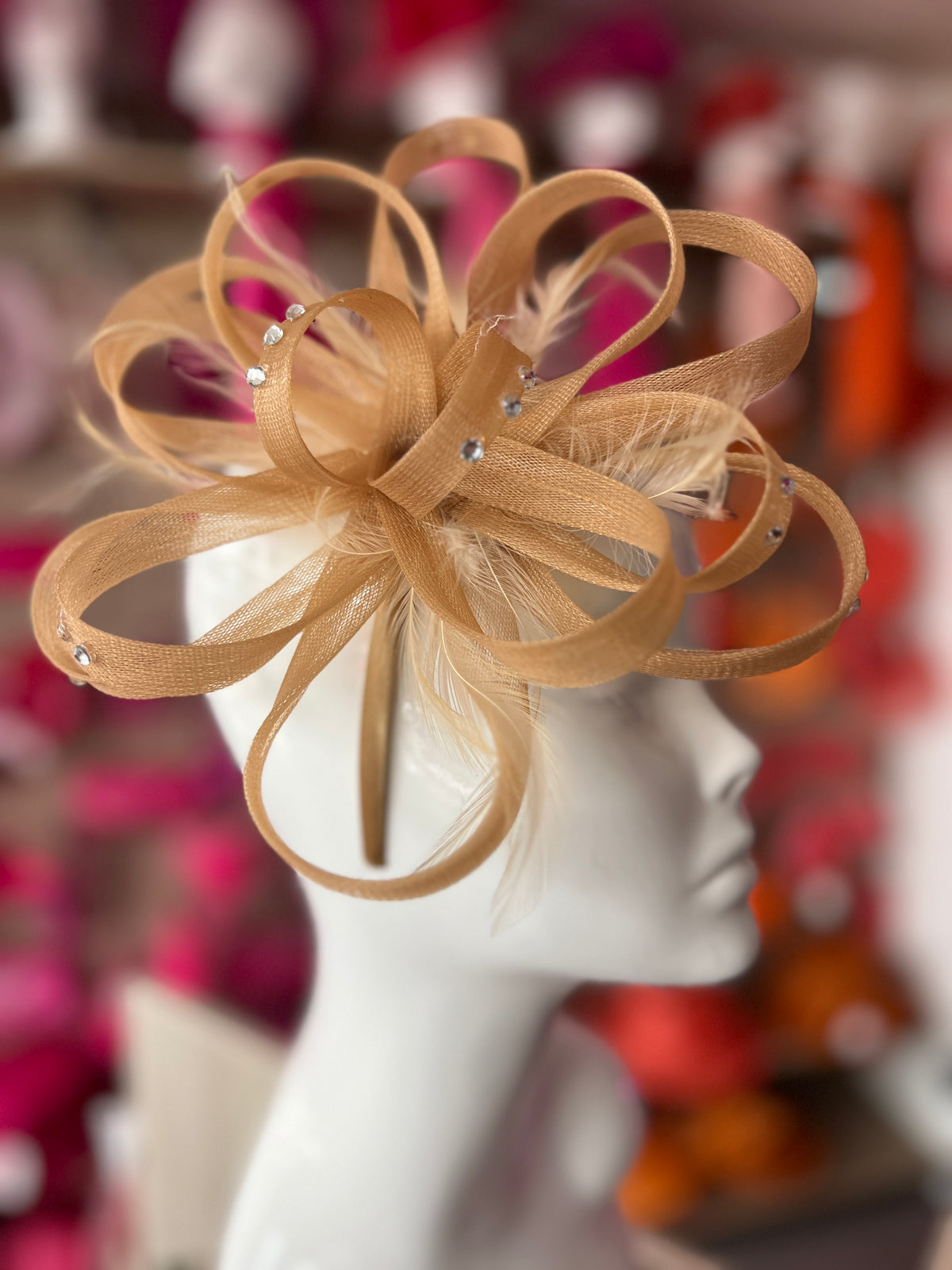 Gold Diamante Fascinator With Loops &amp; Wispy Feathers-Fascinators Direct