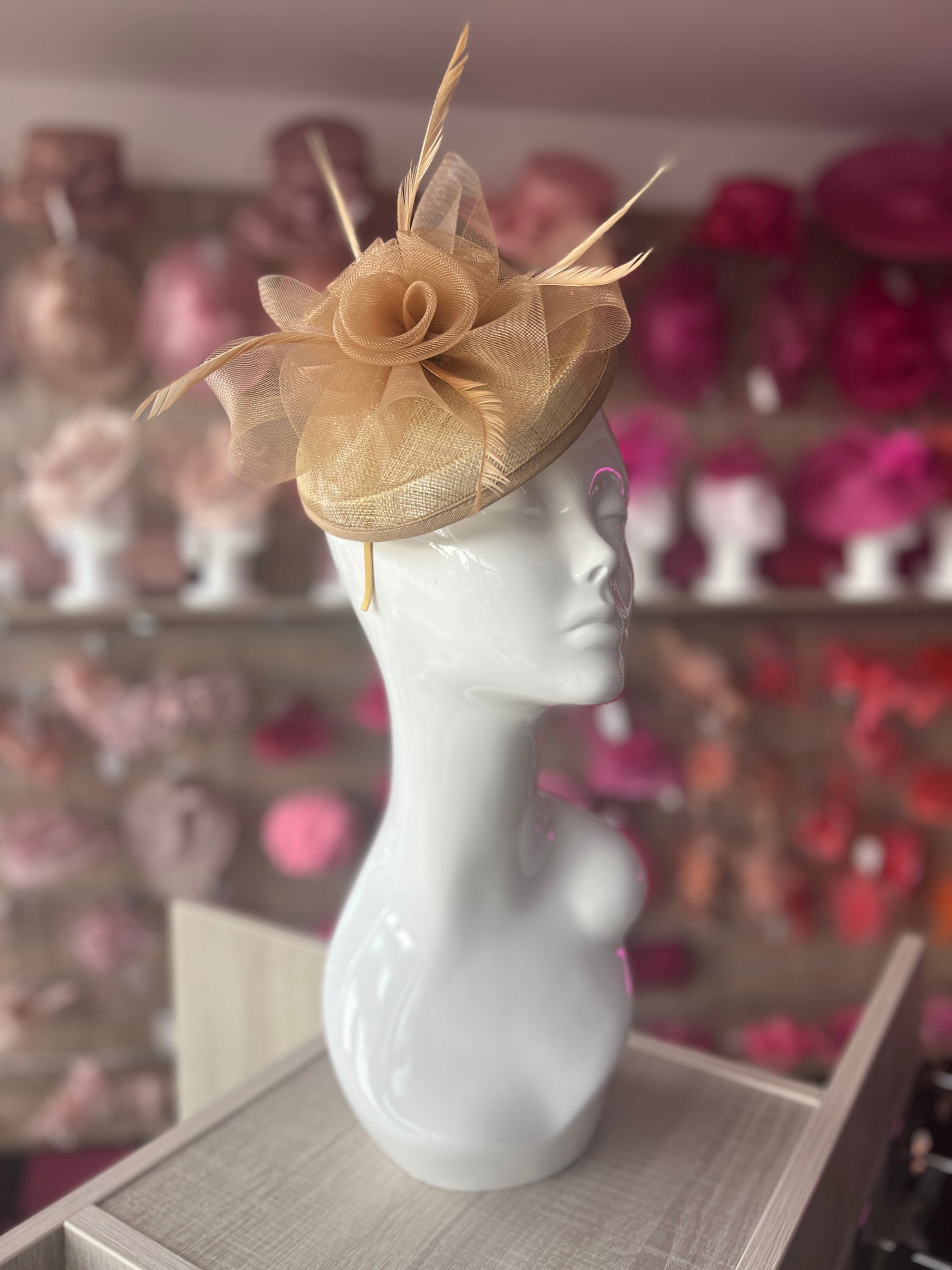 Gold Disc Fascinator With Floral Design & Feathers-Fascinators Direct