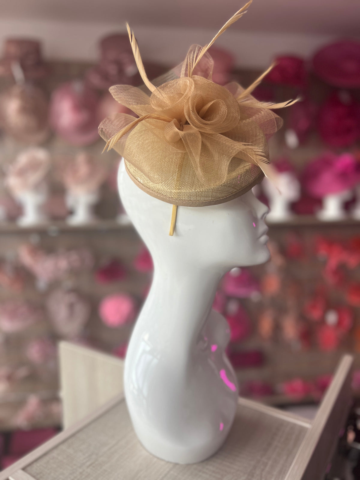 Gold Disc Fascinator With Floral Design &amp; Feathers-Fascinators Direct