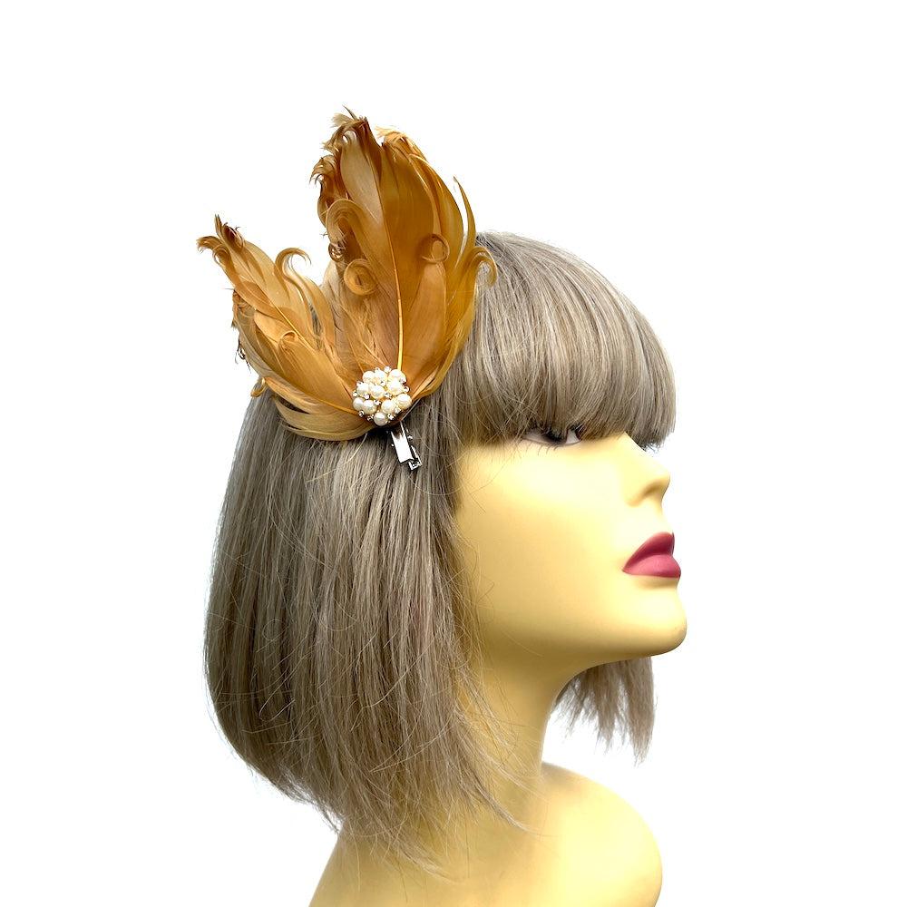 Gold Fascinator Clip with Vintage Feathers & Pearls-Fascinators Direct
