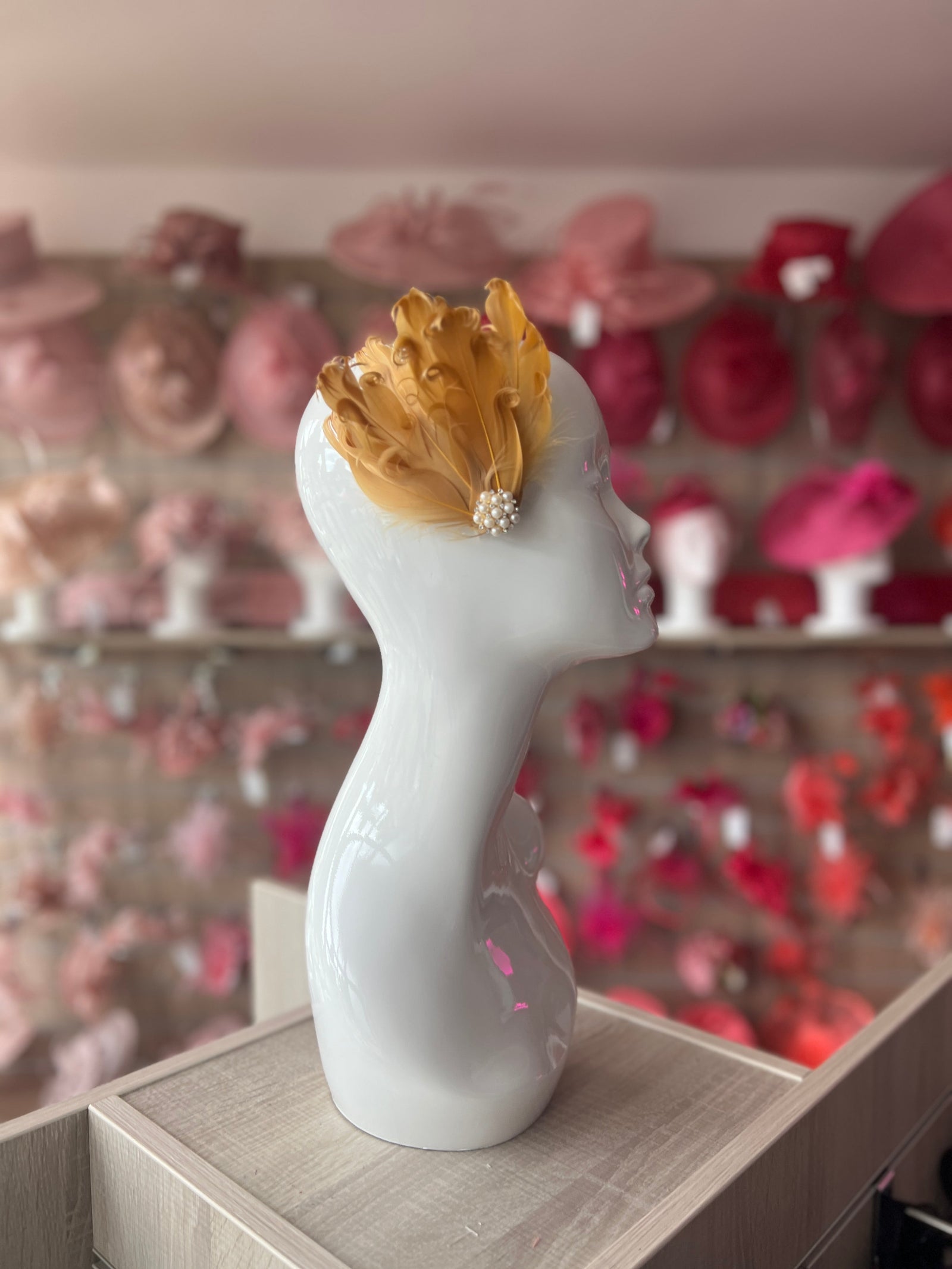 Gold Fascinator Clip with Vintage Feathers & Pearls-Fascinators Direct