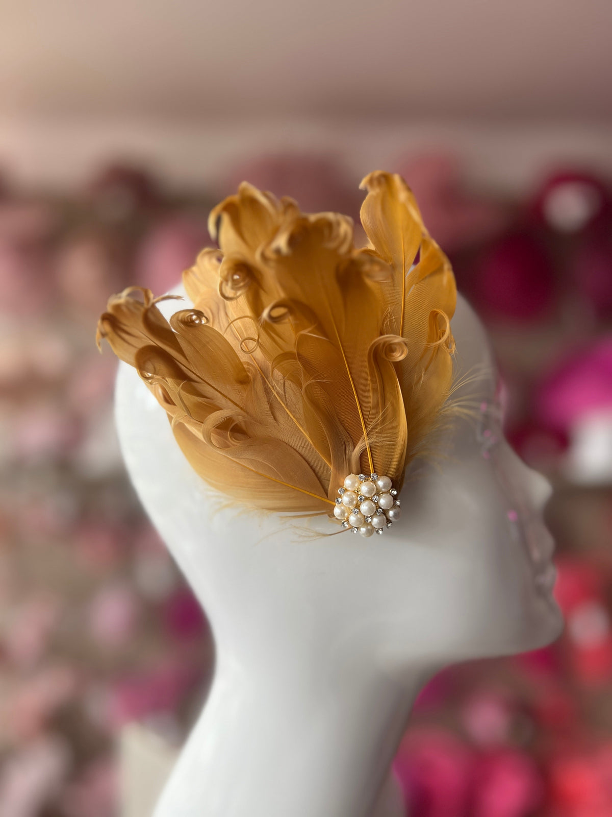 Gold Fascinator Clip with Vintage Feathers &amp; Pearls-Fascinators Direct