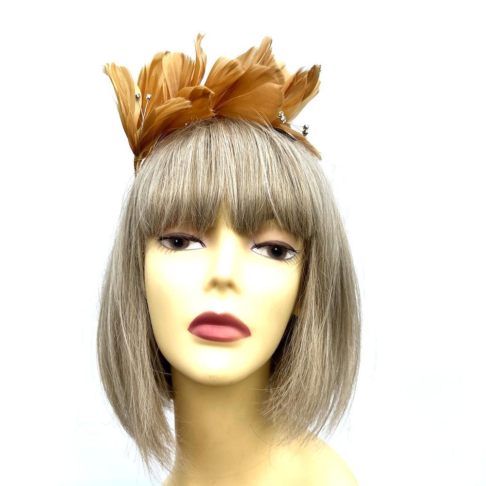 Gold Fascinator Headband with Feather Petals & Diamanté-Fascinators Direct