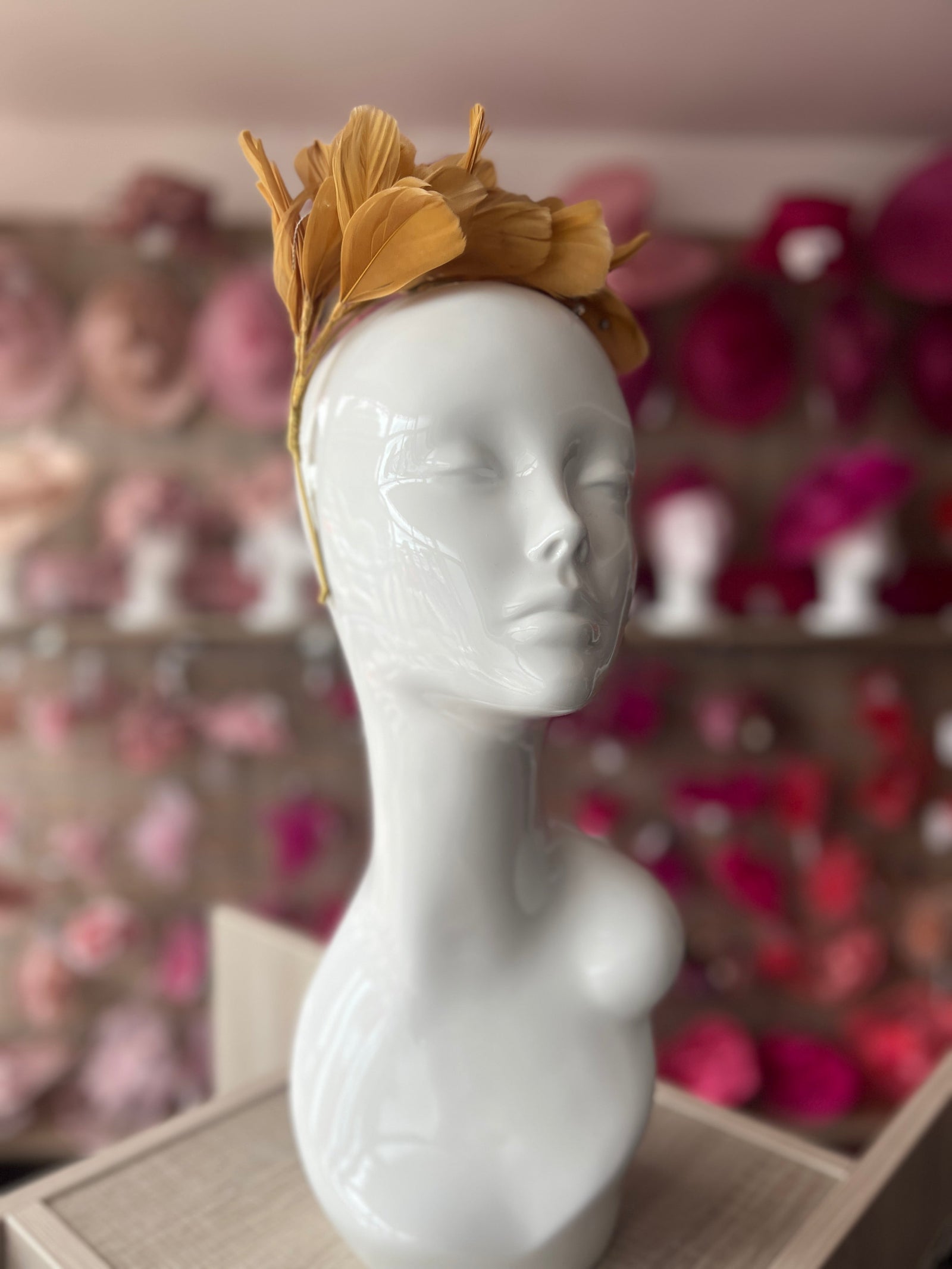 Gold Fascinator Headband with Feather Petals & Diamanté-Fascinators Direct