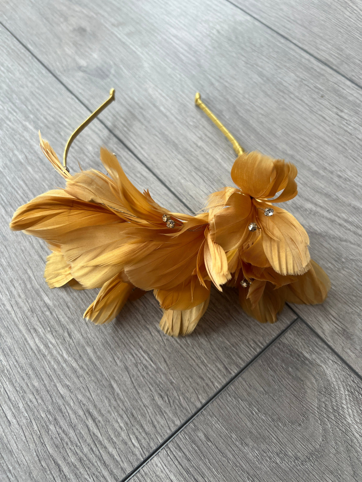 Gold Fascinator Headband with Feather Petals &amp; Diamanté-Fascinators Direct