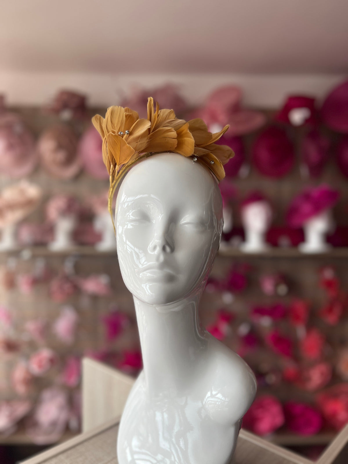 Gold Fascinator Headband with Feather Petals &amp; Diamanté-Fascinators Direct