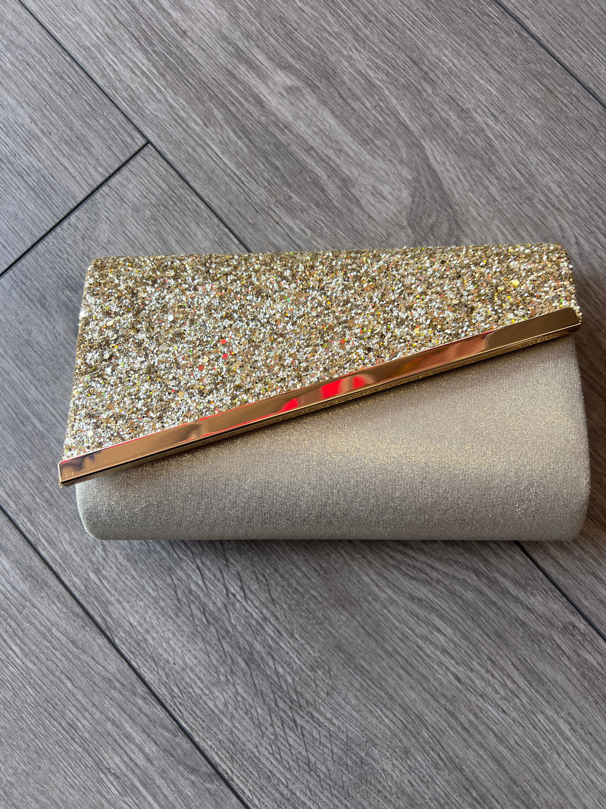 Gold Glitter Clutch Bag With Gold Trim